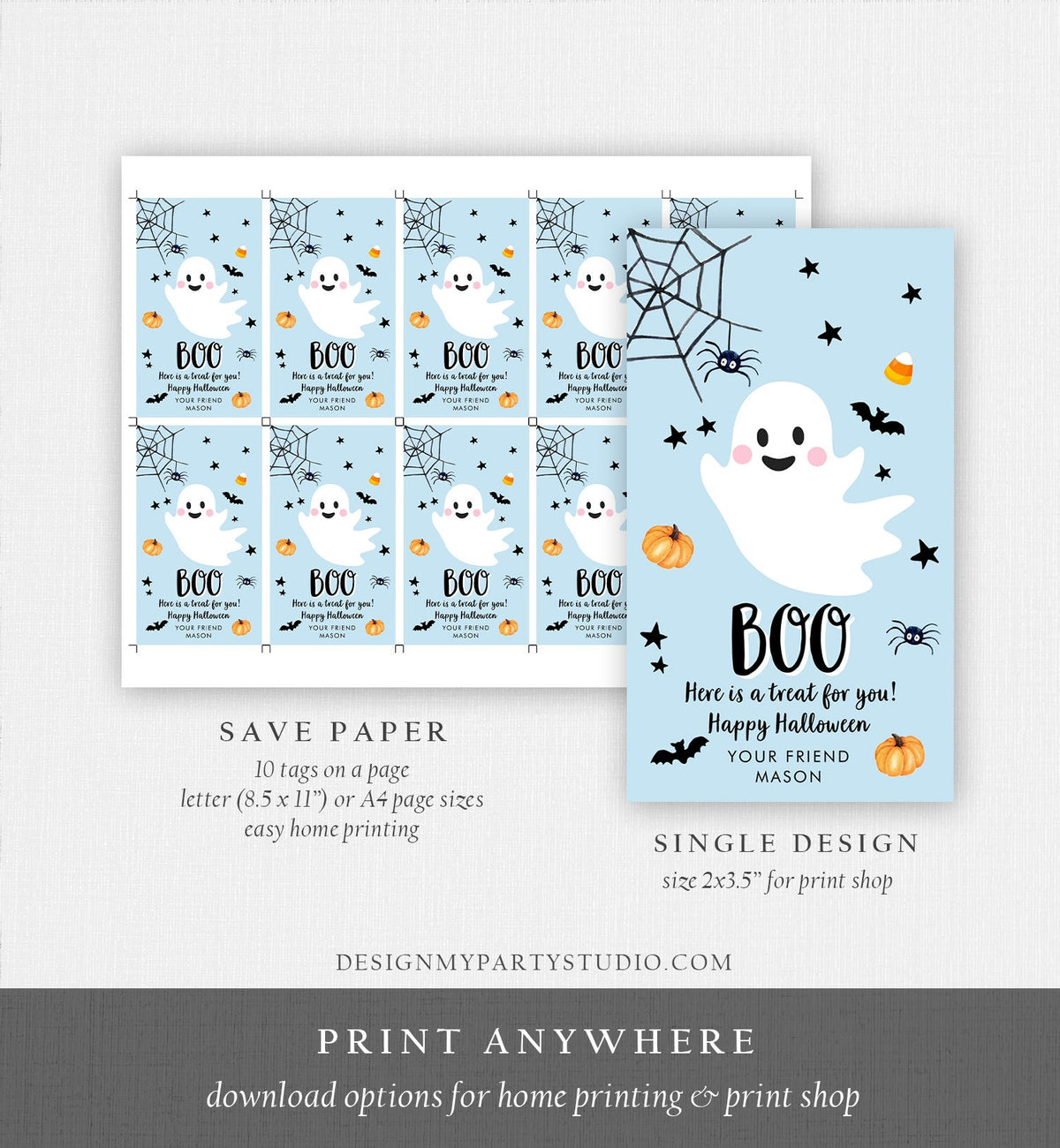 Editable Halloween Favor Tag Boo Gift Tag Costume Party Trick Or Treat Boy Blue Birthday Party Digital Download Template Printable 0418 0261