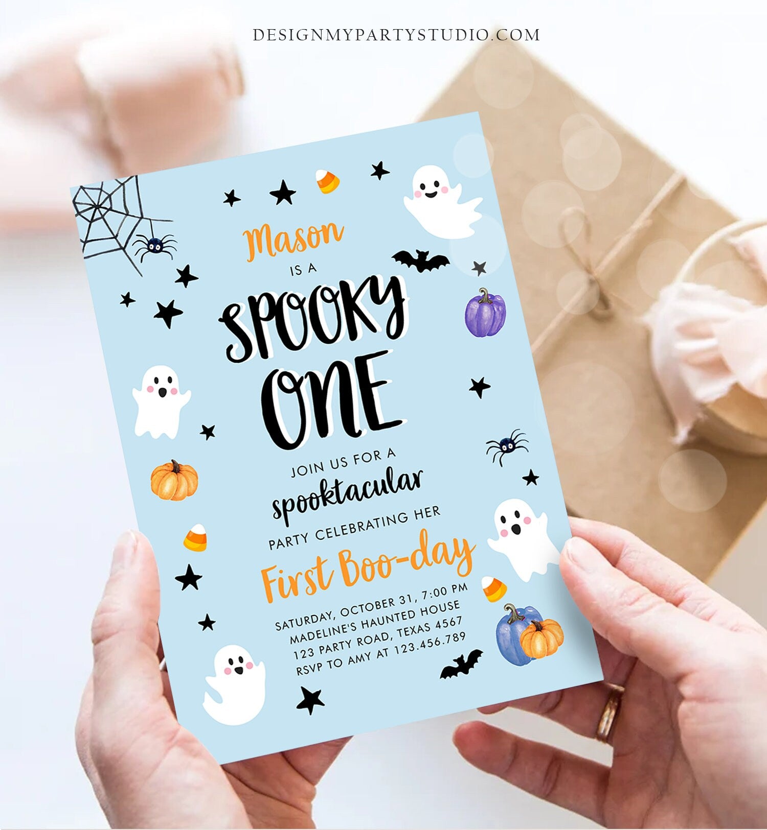 Editable Halloween 1st Birthday Invitation Boy Blue Ghost Costume Party Kids Spooky One First Download Printable Template Corjl 0009 0418