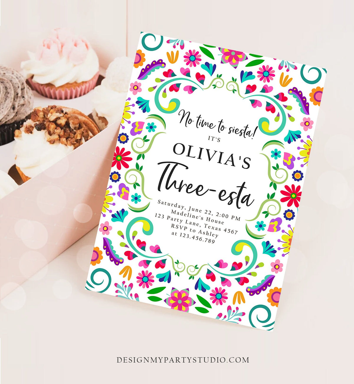 Editable Fiesta Invitation Three-esta Birthday Mexican Party Cactus Mexico Floral Girl Kids 3rd Printable Invitation Template Corjl 0466