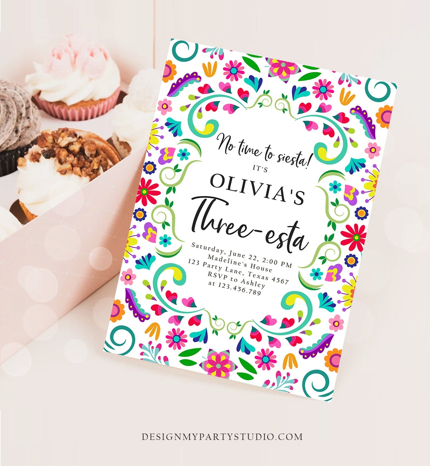 Editable Fiesta Invitation Three-esta Birthday Mexican Party Cactus Mexico Floral Girl Kids 3rd Printable Invitation Template Corjl 0466