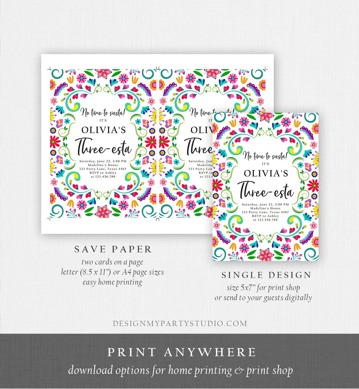 Editable Fiesta Invitation Three-esta Birthday Mexican Party Cactus Mexico Floral Girl Kids 3rd Printable Invitation Template Corjl 0466