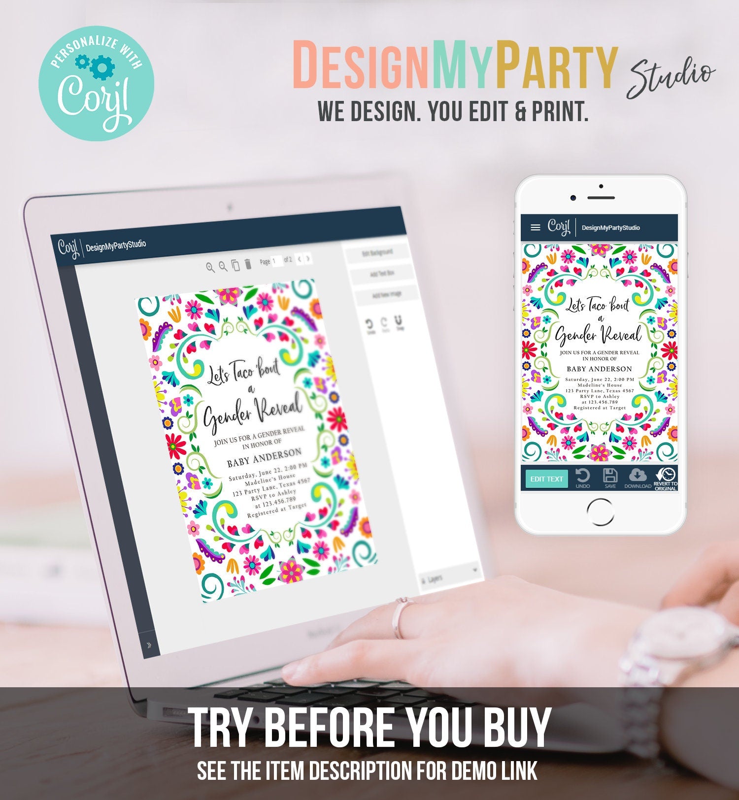 Editable Let's Taco Bout a Gender Reveal Party Invitation Cactus Mexican Fiesta He or She Boy Girl Digital Download Template Printable 0466