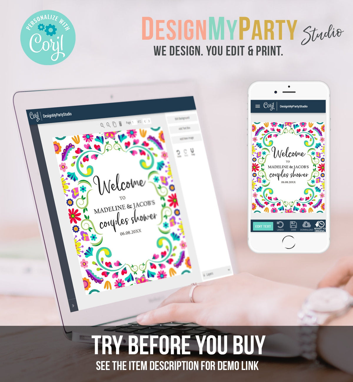 Editable Fiesta Welcome Sign Couples Shower Welcome Mexican Shower Mexico Taco Bout Love Flowers Coed Shower Corjl Template Printable 0466