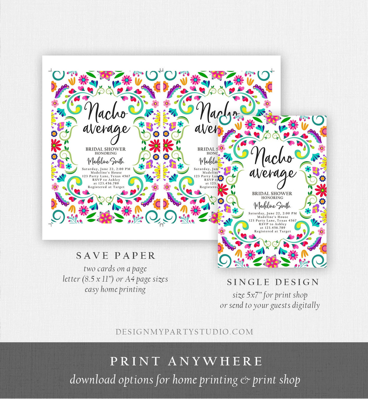 Editable Nacho Average Bridal Shower Invitation Couples Fiesta Mexican Mexico Floral Cactus Succulent Desert Digital Template Printable 0466