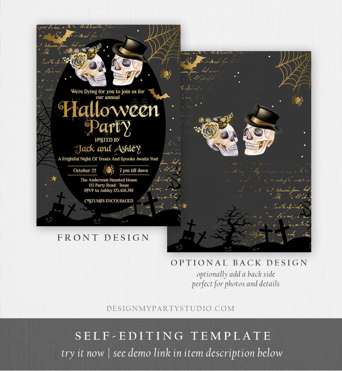 Editable Costumes And Cocktails Halloween Party Invitation Adult Halloween Party Boos or Brews Vintage Gothic Party Download Corjl 0472 0009