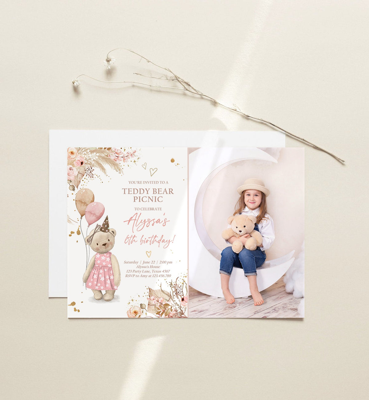 Editable Teddy Bear Picnic Birthday Invitation Girl Pink Boho Bear Picnic Summer Outdoor Party Printable Digital Template Printable 0421