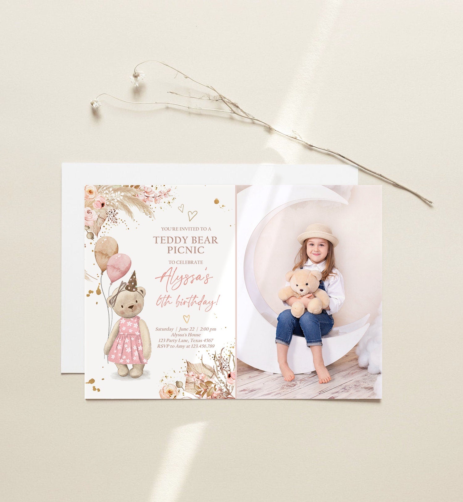 Editable Teddy Bear Picnic Birthday Invitation Girl Pink Boho Bear Picnic Summer Outdoor Party Printable Digital Template Printable 0421