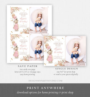 Editable Teddy Bear Picnic Birthday Invitation Girl Pink Boho Bear Picnic Summer Outdoor Party Printable Digital Corjl Template 0421