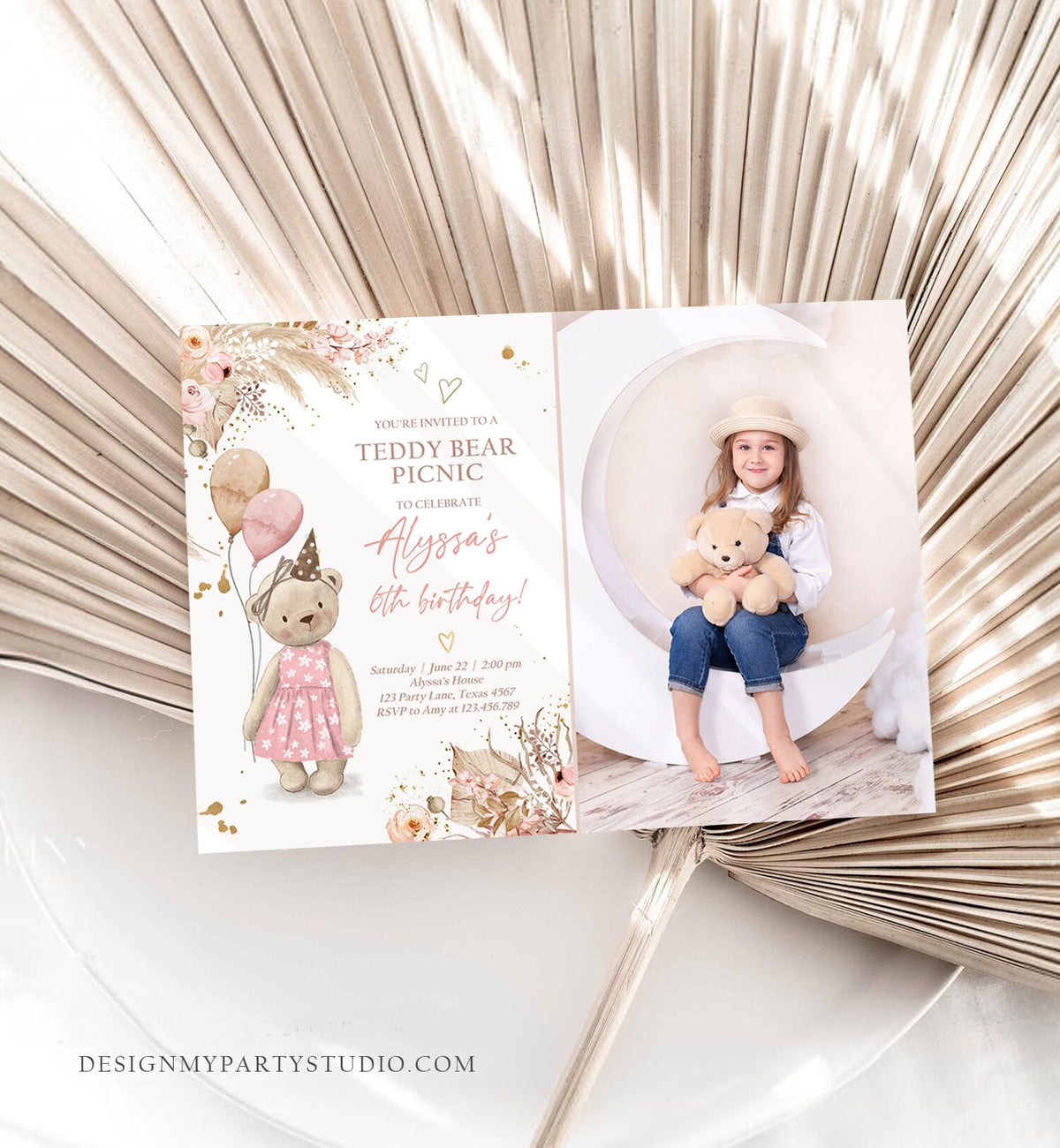 Editable Teddy Bear Picnic Birthday Invitation Girl Pink Boho Bear Picnic Summer Outdoor Party Printable Digital Template Printable 0421