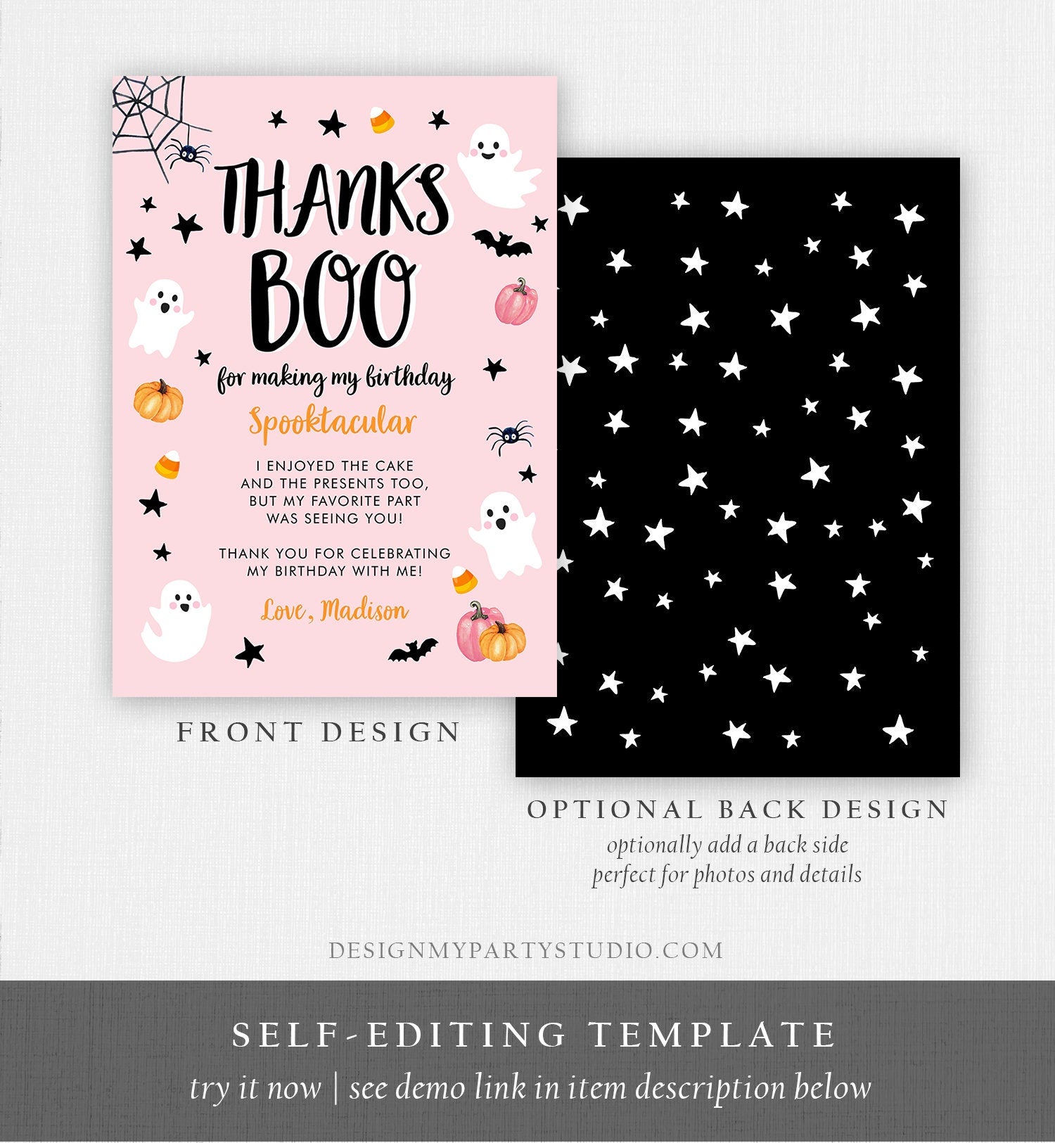 Editable Thanks Boo Halloween Thank You Card Note Pink Ghost Pumpkin Birthday Girl Birthday Digital Download Template Printable 0009 0418