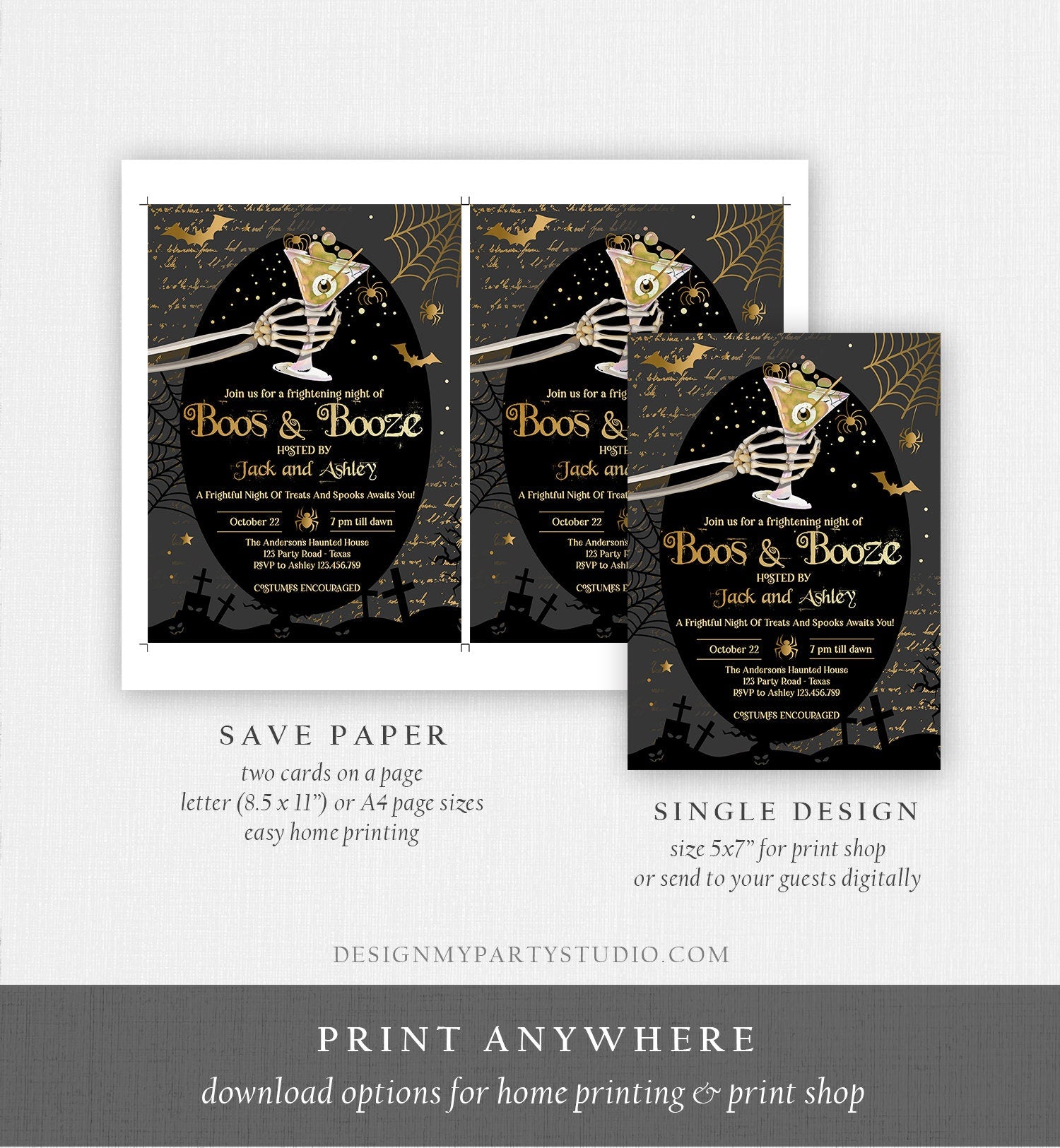 Editable Boos & Booze Halloween Party Invitation Adult Halloween Invite Brews Vintage Gothic Costumes and Cocktails Download Corjl 0472 0009