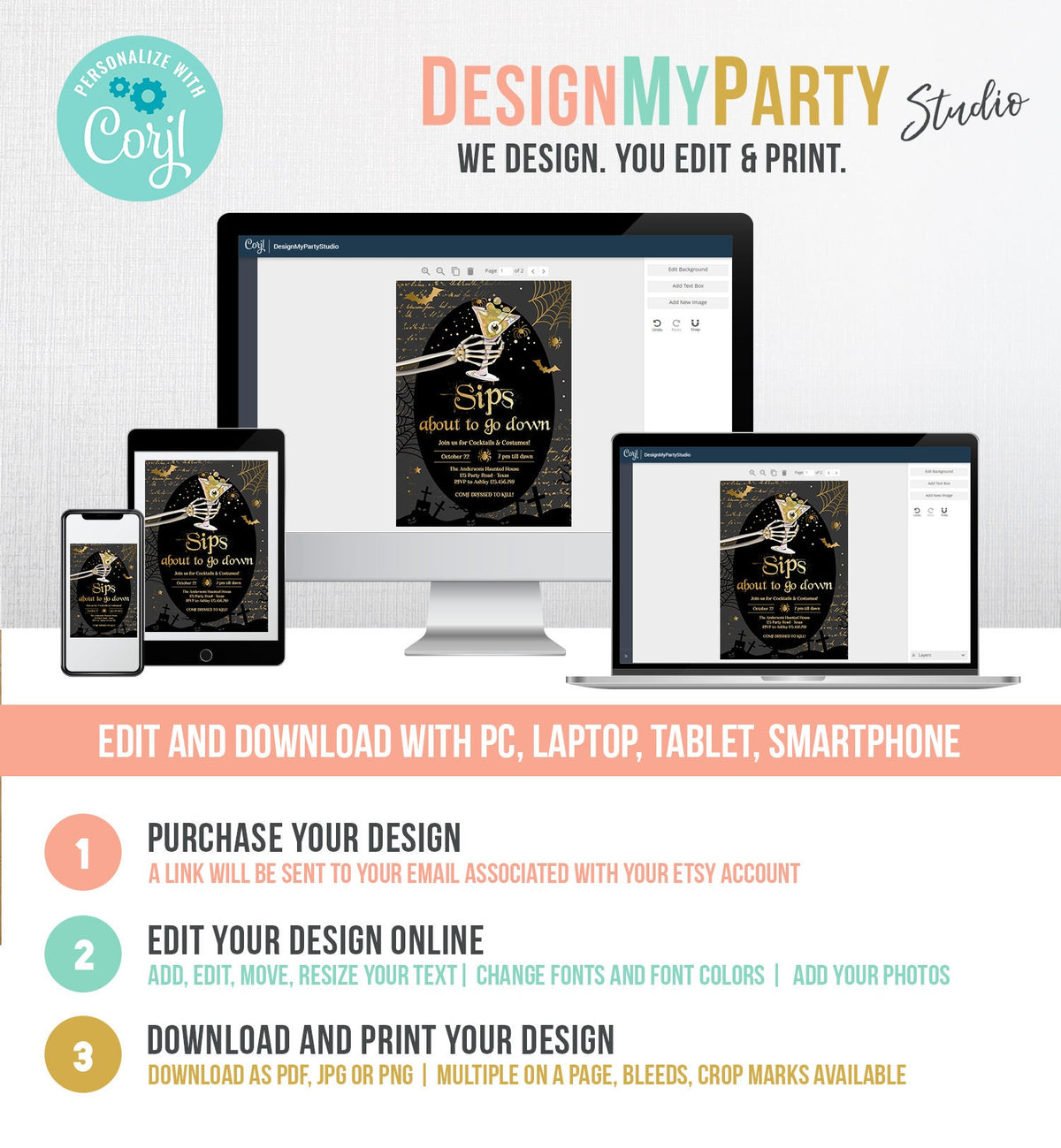 Editable Cocktails and Costumes Invitation Halloween Party Invitation Adult Halloween Invite Brews Boos &amp; Booze Download Corjl 0472 0009