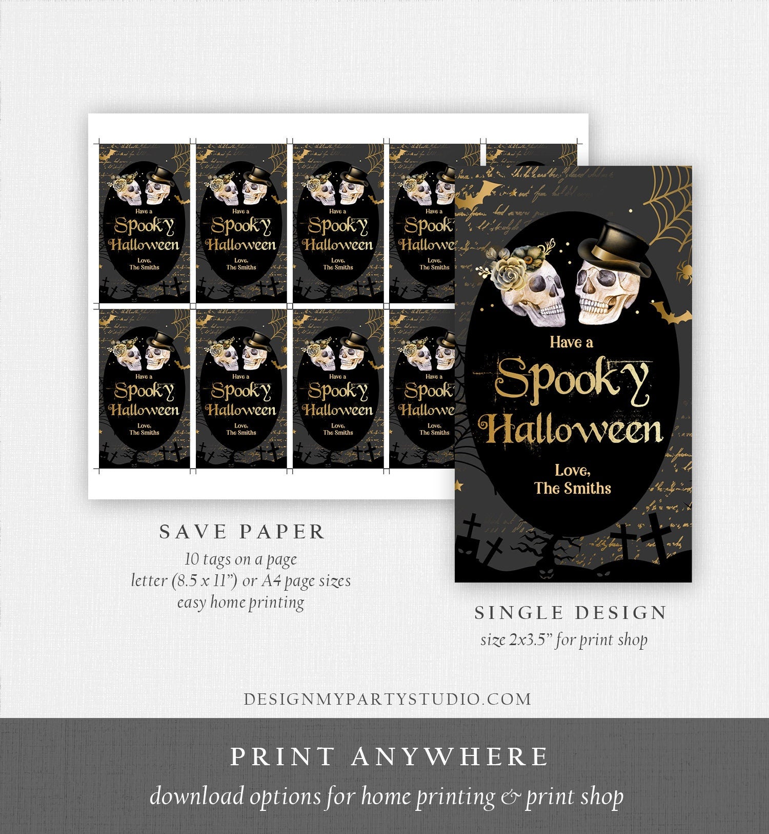 Editable Skeleton Halloween Gift Tags Spooky Halloween Party Favor Tags Skull Treat Tag Digital Download Template Printable 0261 0472 009