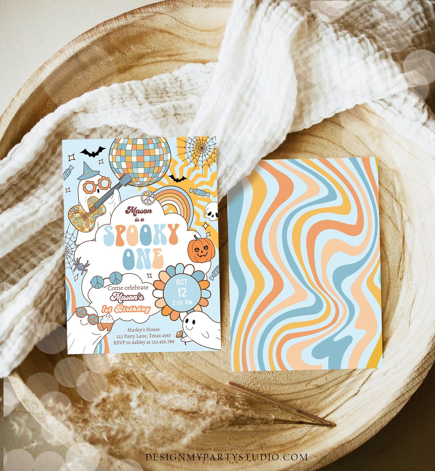 Editable Groovy Halloween 1st Birthday Invitation Spooky One Invite Boy Blue Ghost Party Spooktacular Download Template Printable 0471 0009