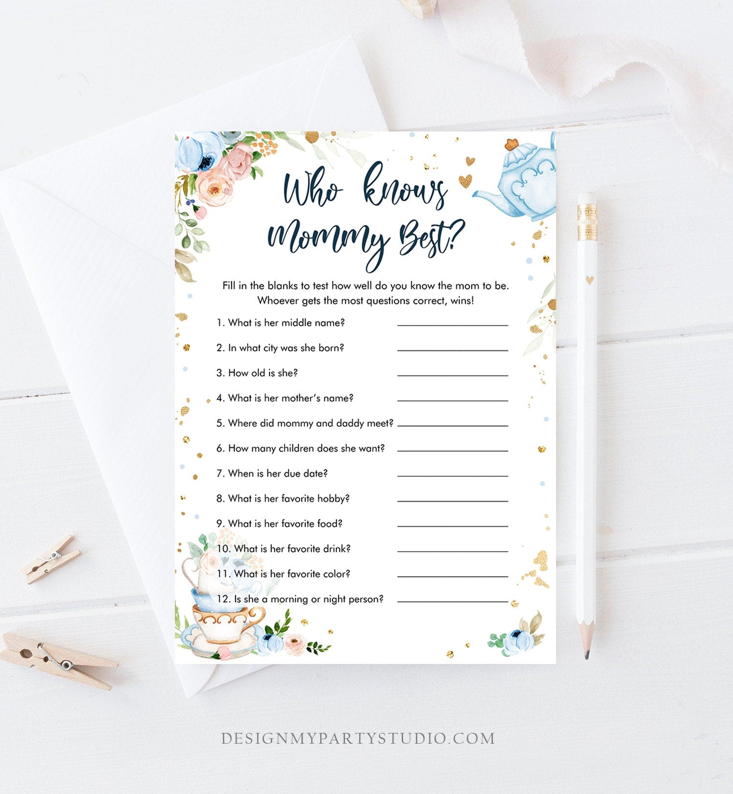 Editable Who Knows Mommy Best Baby Shower Game Tea Party Baby is Brewing Blue Rustic Watercolor Guess Digital Template Printable 0349
