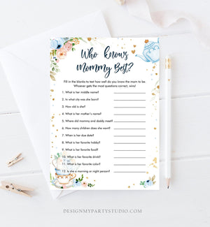 Editable Who Knows Mommy Best Baby Shower Game Greenery Tea Party Baby is Brewing Blue Rustic Watercolor Guess Corjl Template Printable 0349