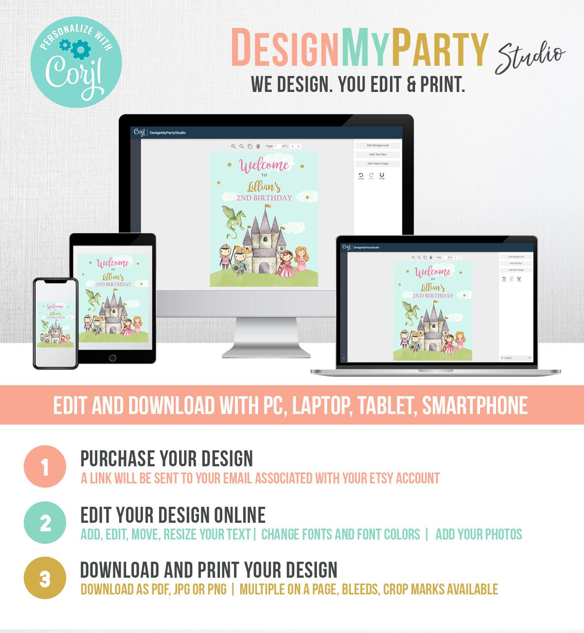 Editable Princess and Knight Birthday Welcome Sign Girl Dual Joint Boy Girl Royal Castle Pink Gold Dragon Digital Template Printable 0171