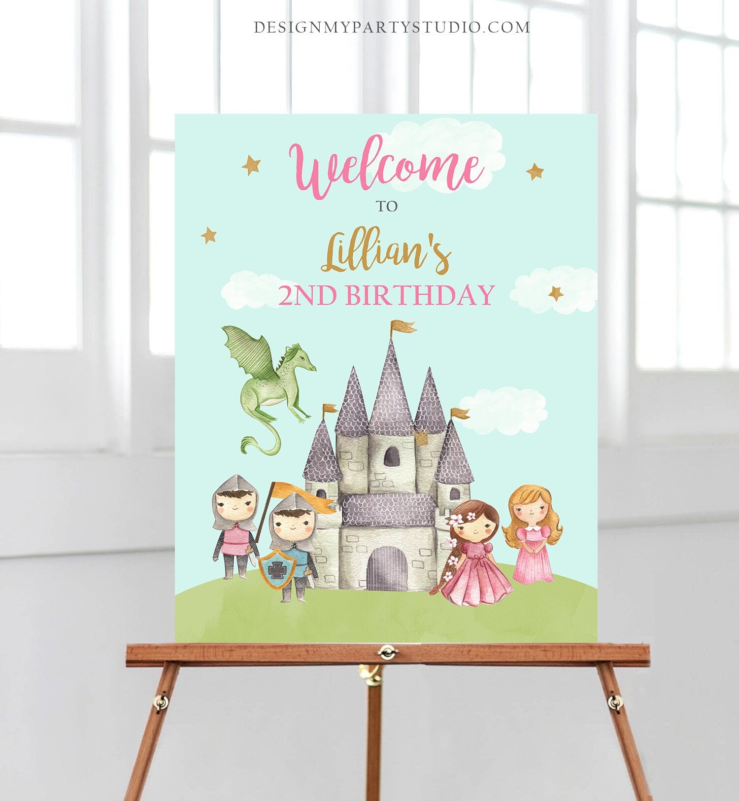 Editable Princess and Knight Birthday Welcome Sign Girl Dual Joint Boy Girl Royal Castle Pink Gold Dragon Digital Template Printable 0171
