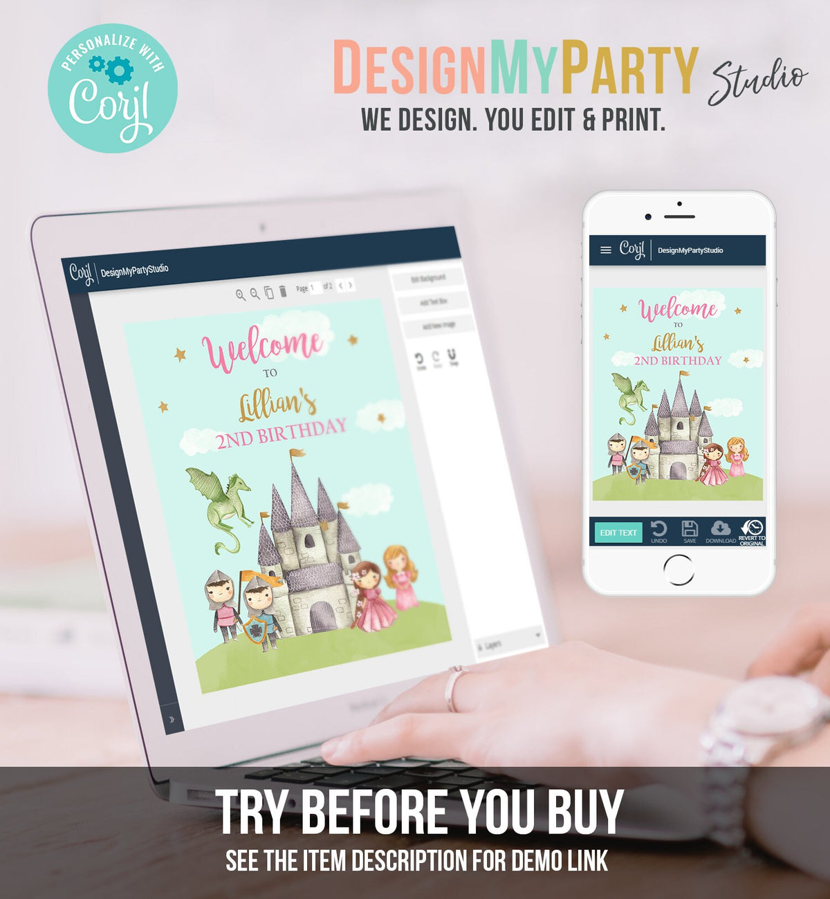 Editable Princess and Knight Birthday Welcome Sign Girl Dual Joint Boy Girl Royal Castle Pink Gold Dragon Digital Template Printable 0171