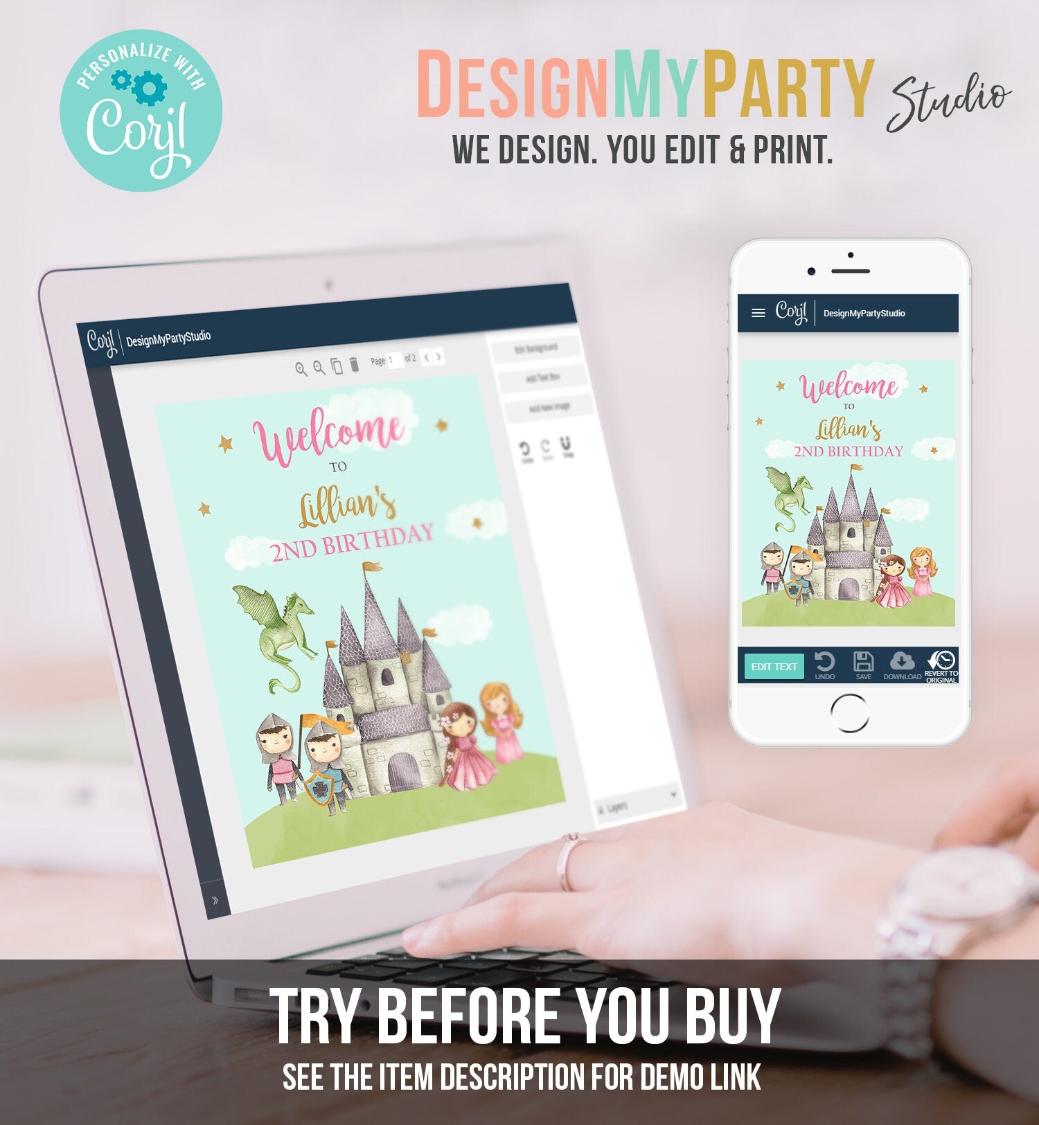 Editable Princess and Knight Birthday Welcome Sign Girl Dual Joint Boy Girl Royal Castle Pink Gold Dragon Digital Template Printable 0171