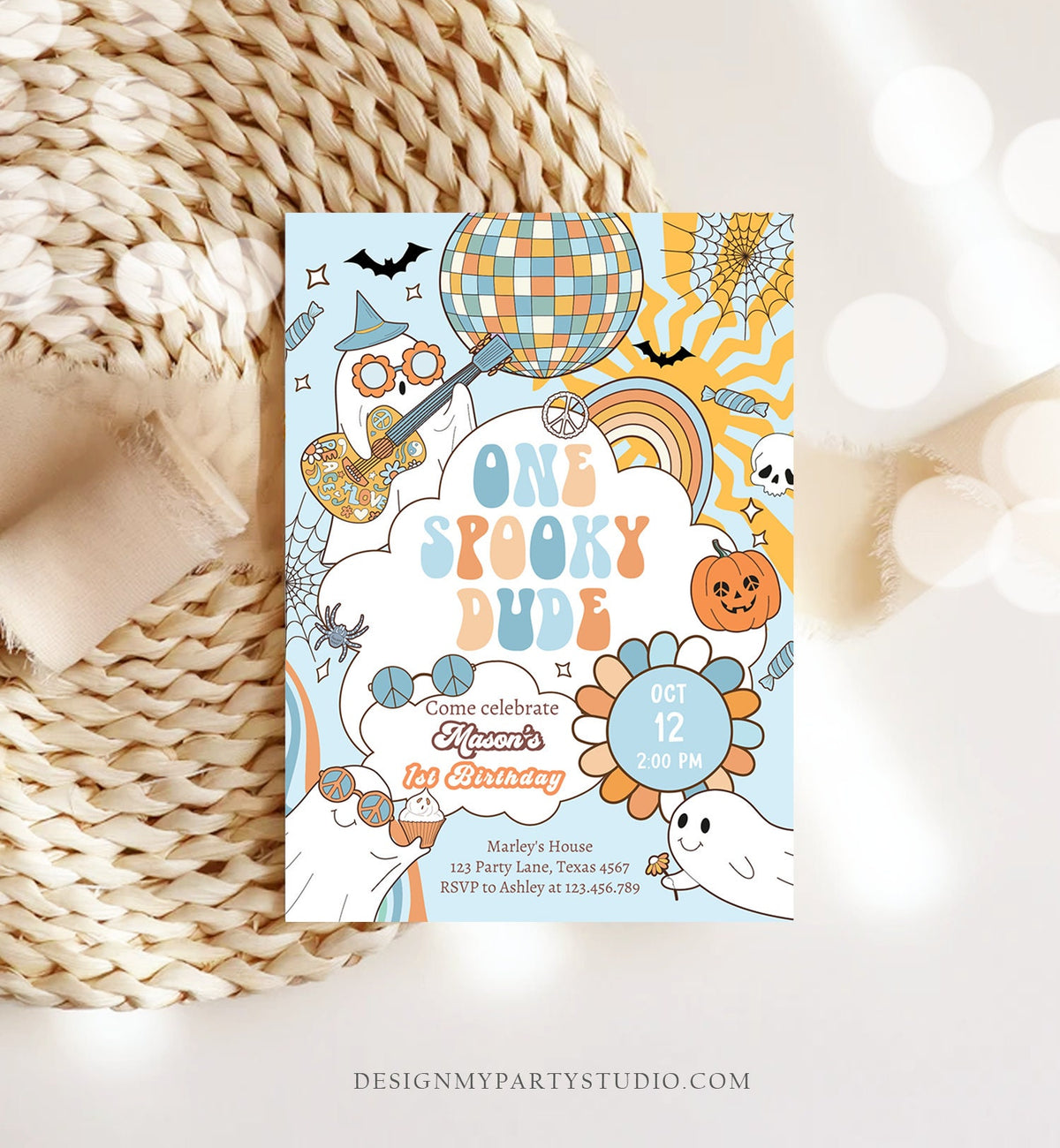 Editable One Spooky Dude Groovy Halloween 1st Birthday Invitation Boy Ghost Party Spooktacular Download Printable Template Corjl 0009 0471
