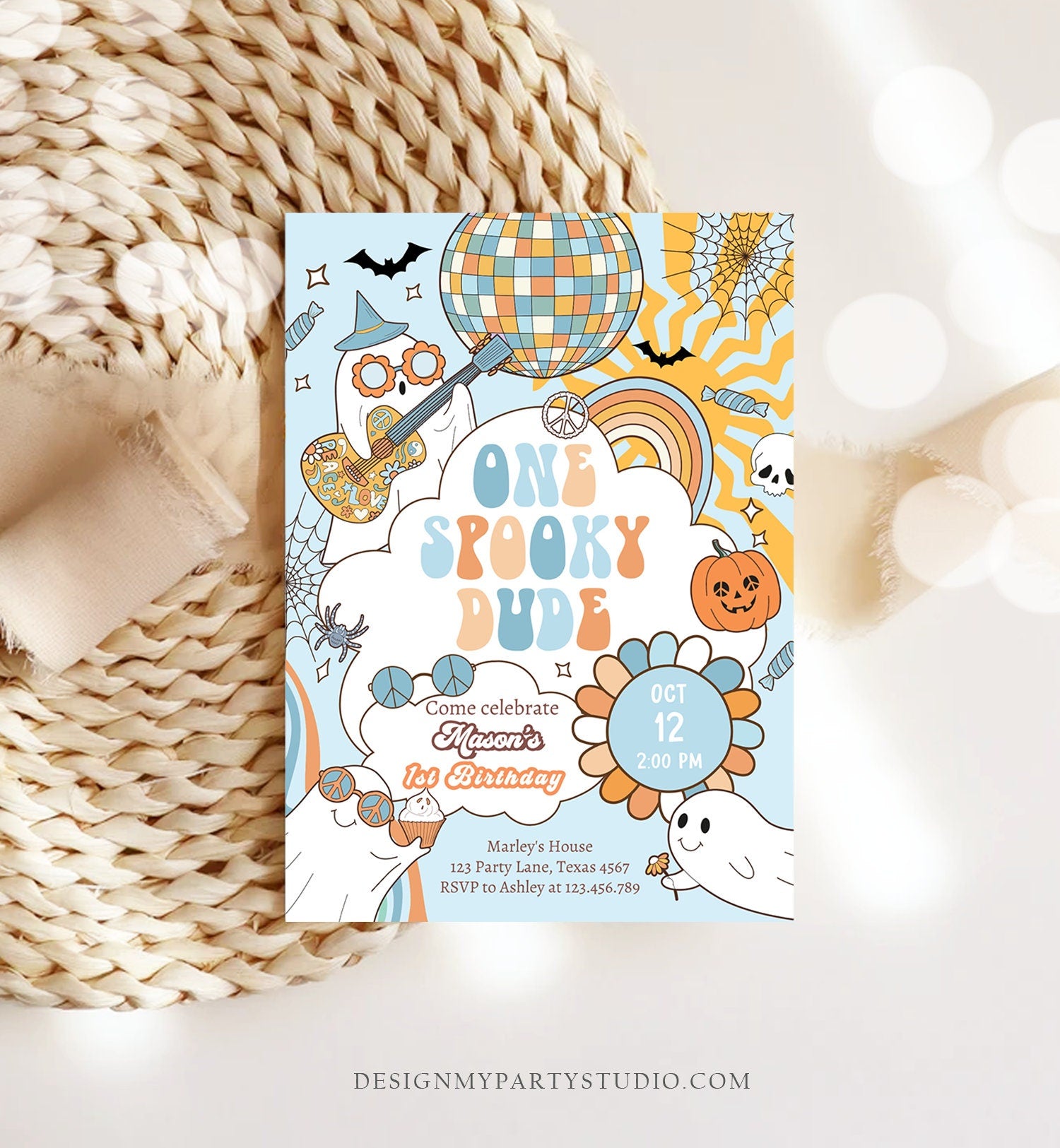 Editable One Spooky Dude Groovy Halloween 1st Birthday Invitation Boy Ghost Party Spooktacular Download Printable Template Corjl 0009 0471