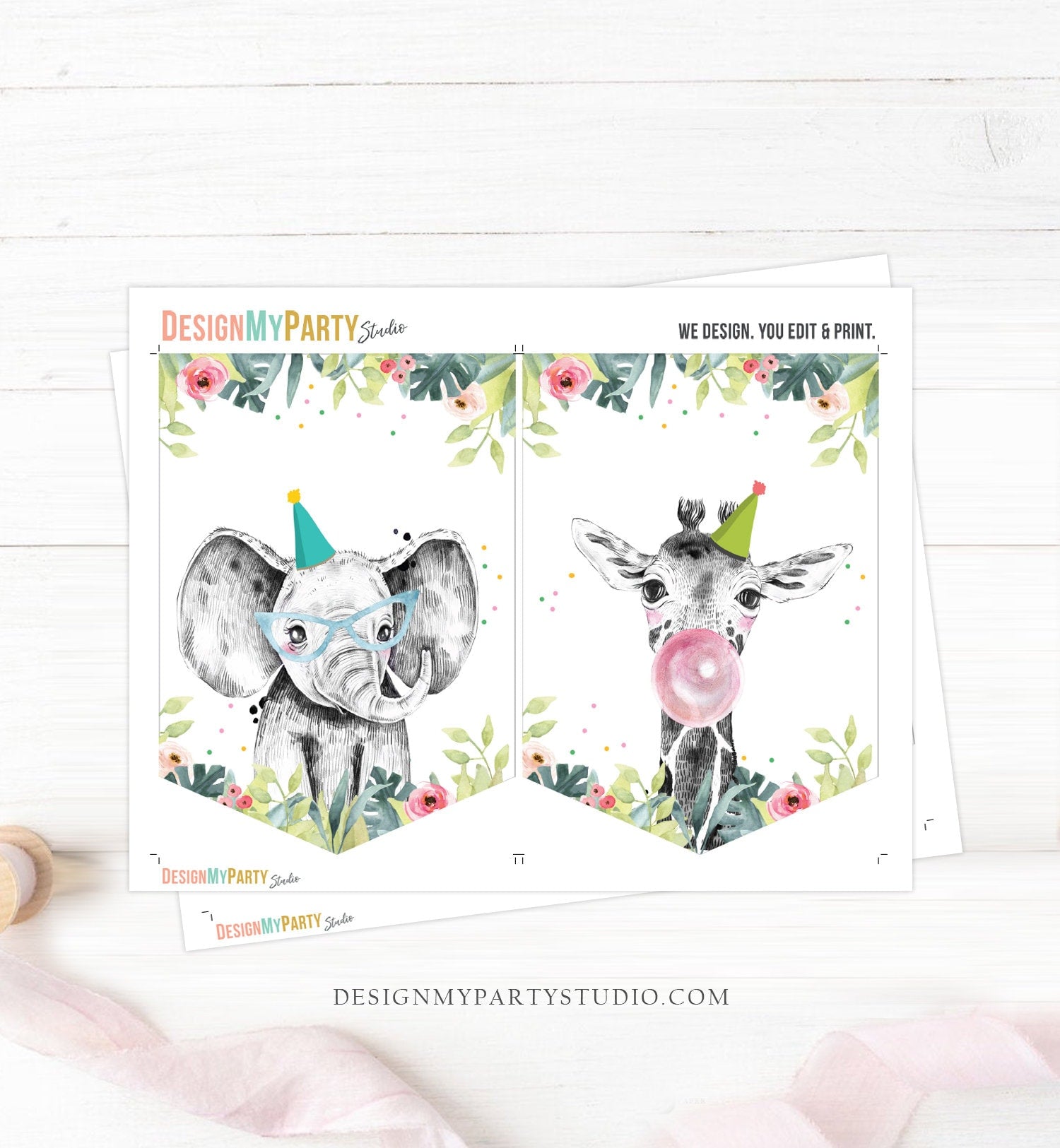 Party Animals Birthday Banner Safari Animals Faces Heads Pink Wild One Birthday Girl Zoo Decorations Instant download PRINTABLE DIGITAL 0322