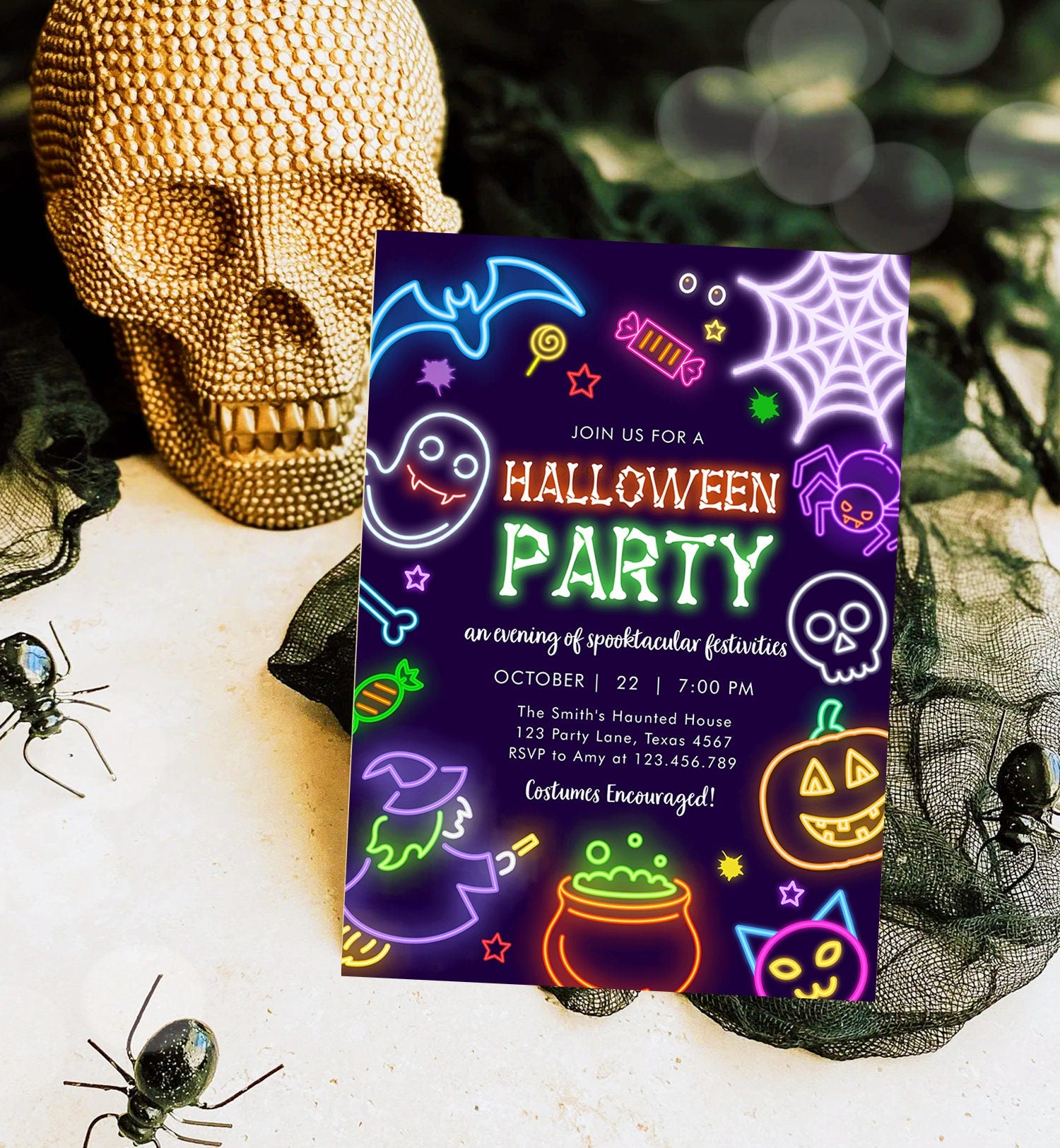 Editable Neon Halloween Party Invitation Costumes And Cocktails Adult Halloween Party Spooktacular Boos Or Brews Download Corjl 0474 0009