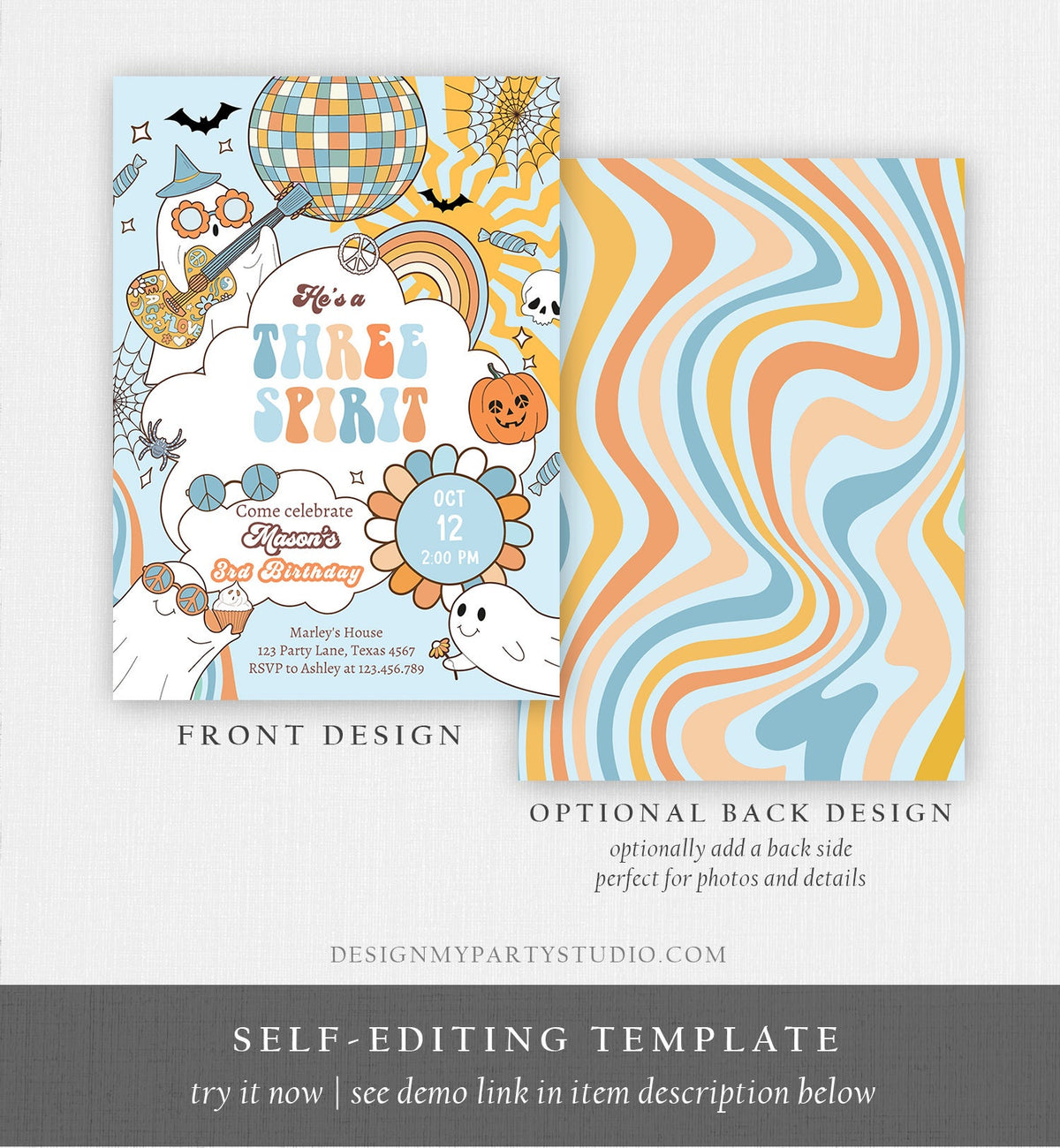 Editable Groovy Halloween Three Spirit Birthday Invitation 3rd Pink Ghost Party Girl Boo Spooktacular Download Printable Template Corjl 0471