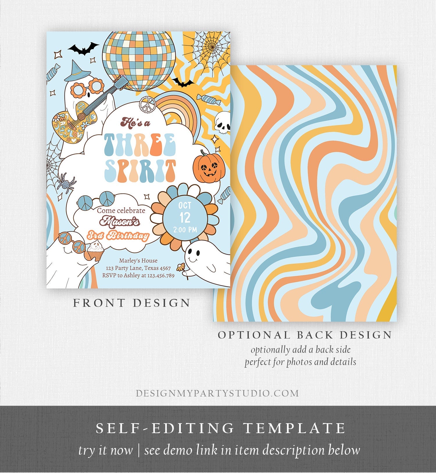 Editable Groovy Halloween Three Spirit Birthday Invitation 3rd Pink Ghost Party Girl Boo Spooktacular Download Printable Template Corjl 0471