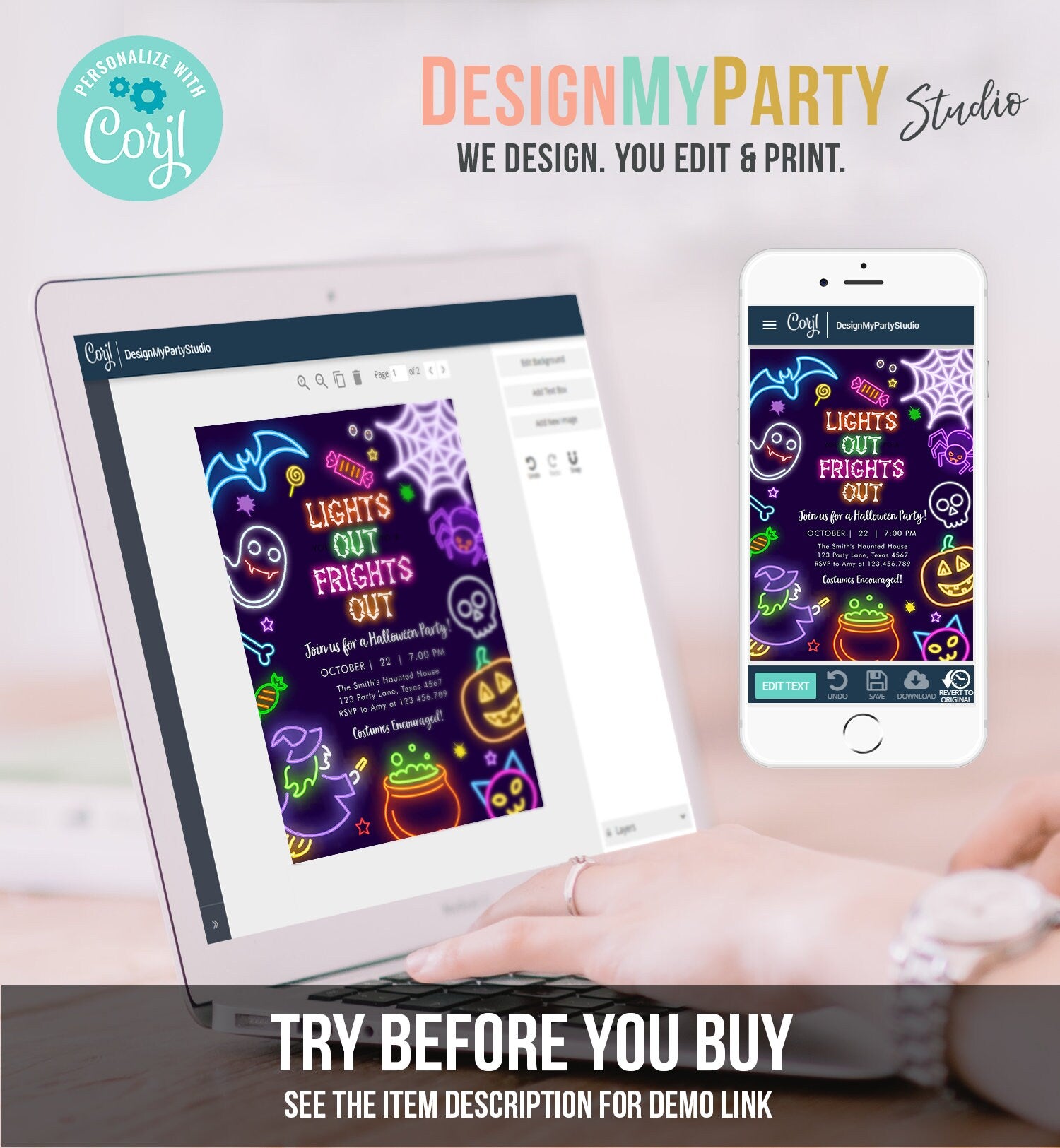 Editable Neon Halloween Party Invitation Costumes And Cocktails Adult Halloween Party Spooktacular Glow in The Dark Download Corjl 0474 0009