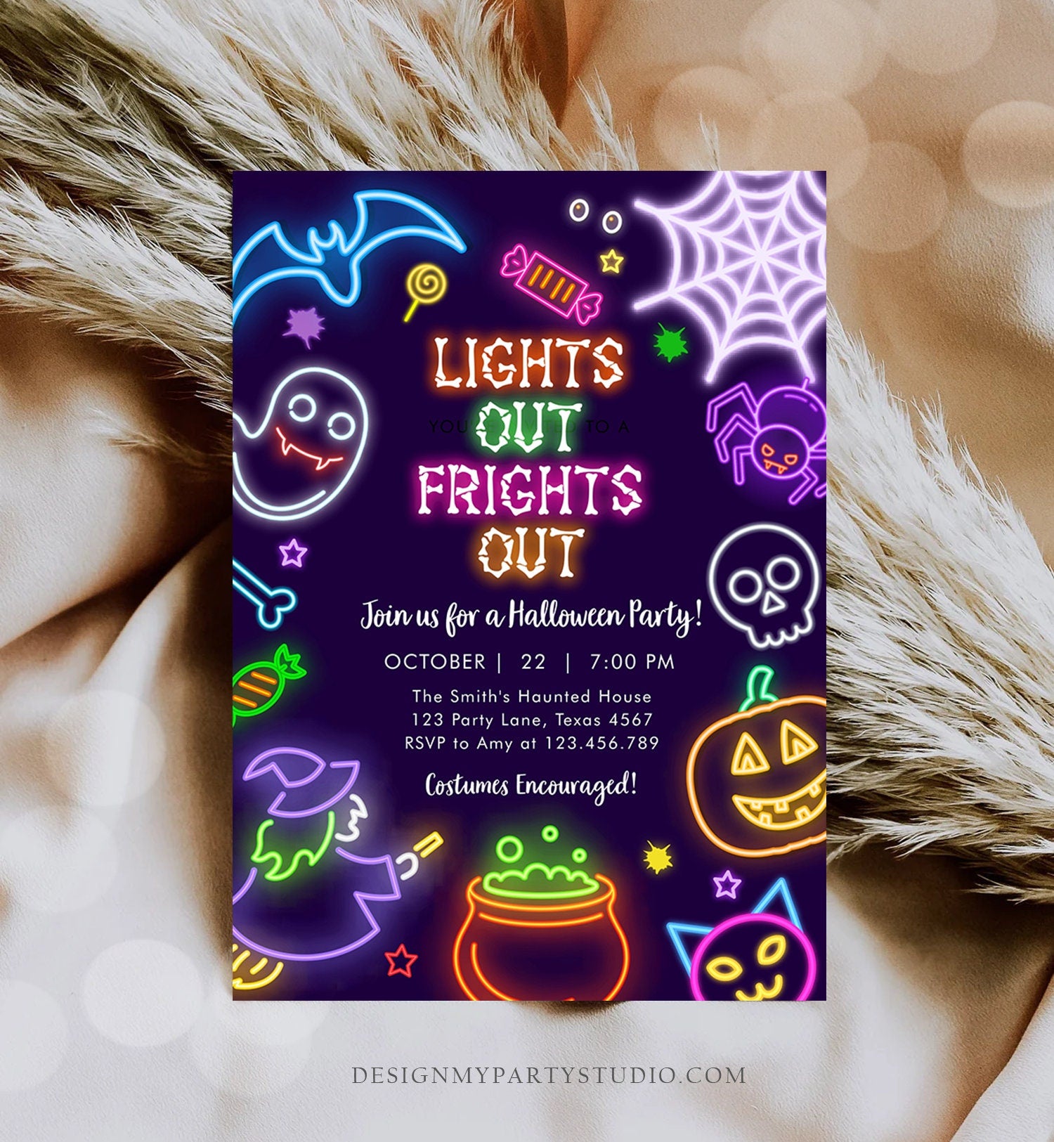 Editable Neon Halloween Party Invitation Costumes And Cocktails Adult Halloween Party Spooktacular Glow in The Dark Download Corjl 0474 0009