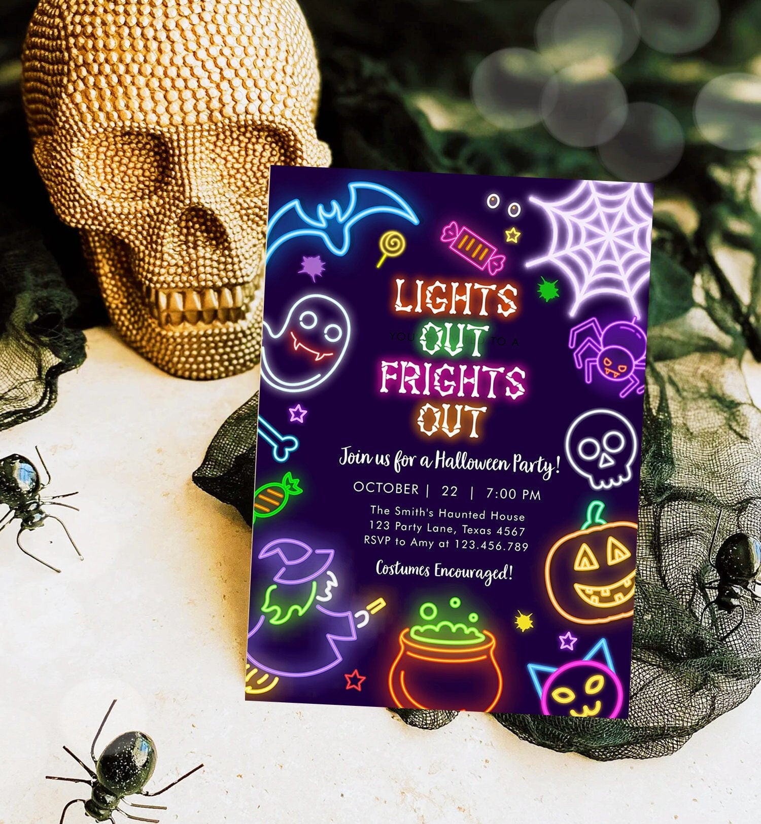 Editable Neon Halloween Party Invitation Costumes And Cocktails Adult Halloween Party Spooktacular Glow in The Dark Download Corjl 0474 0009