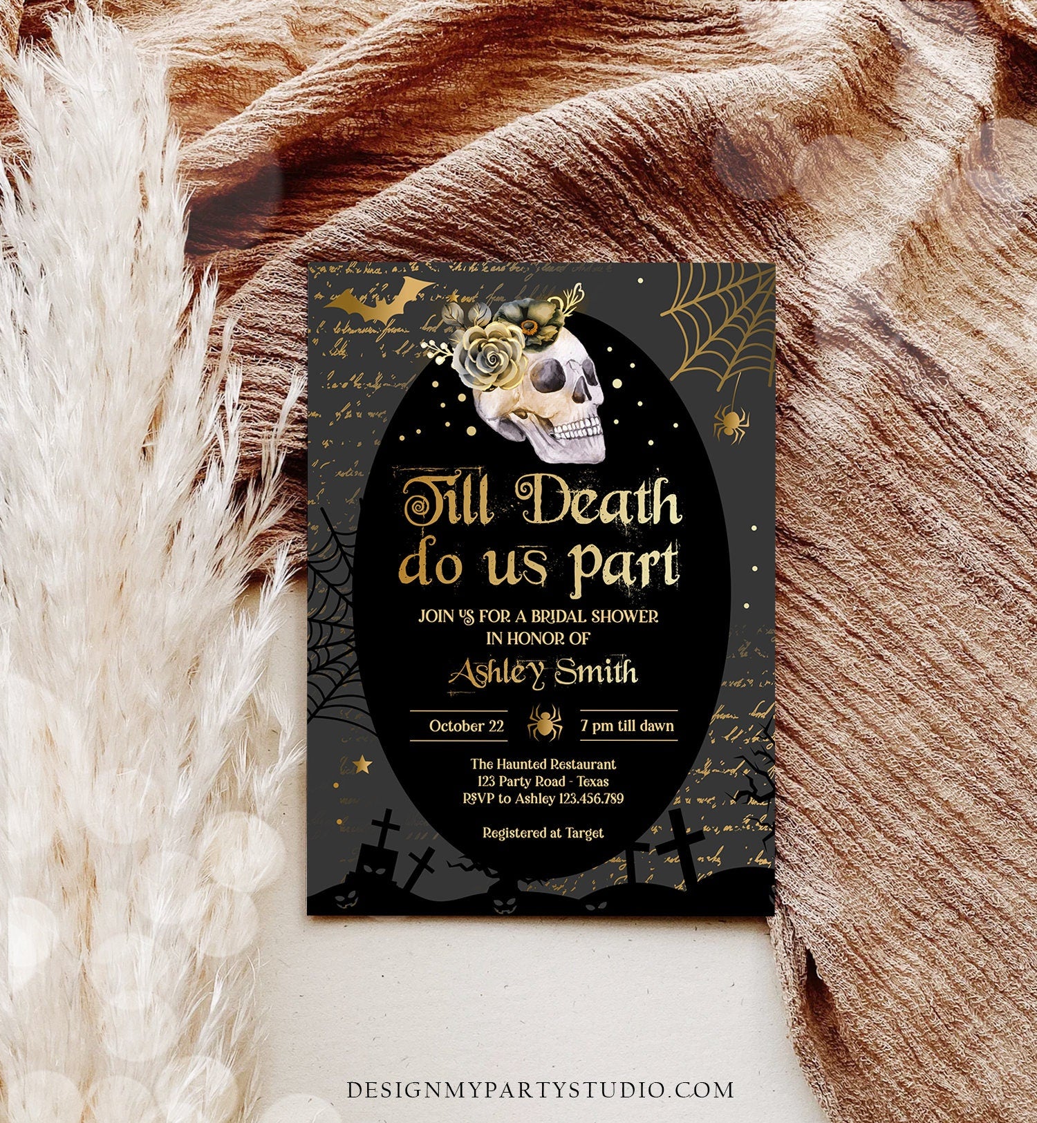 Editable Halloween Bridal Shower Invitation Till Death Do Us Part Gothic Bridal Shower Skull Skeleton Digital Template Printable 0472 0009