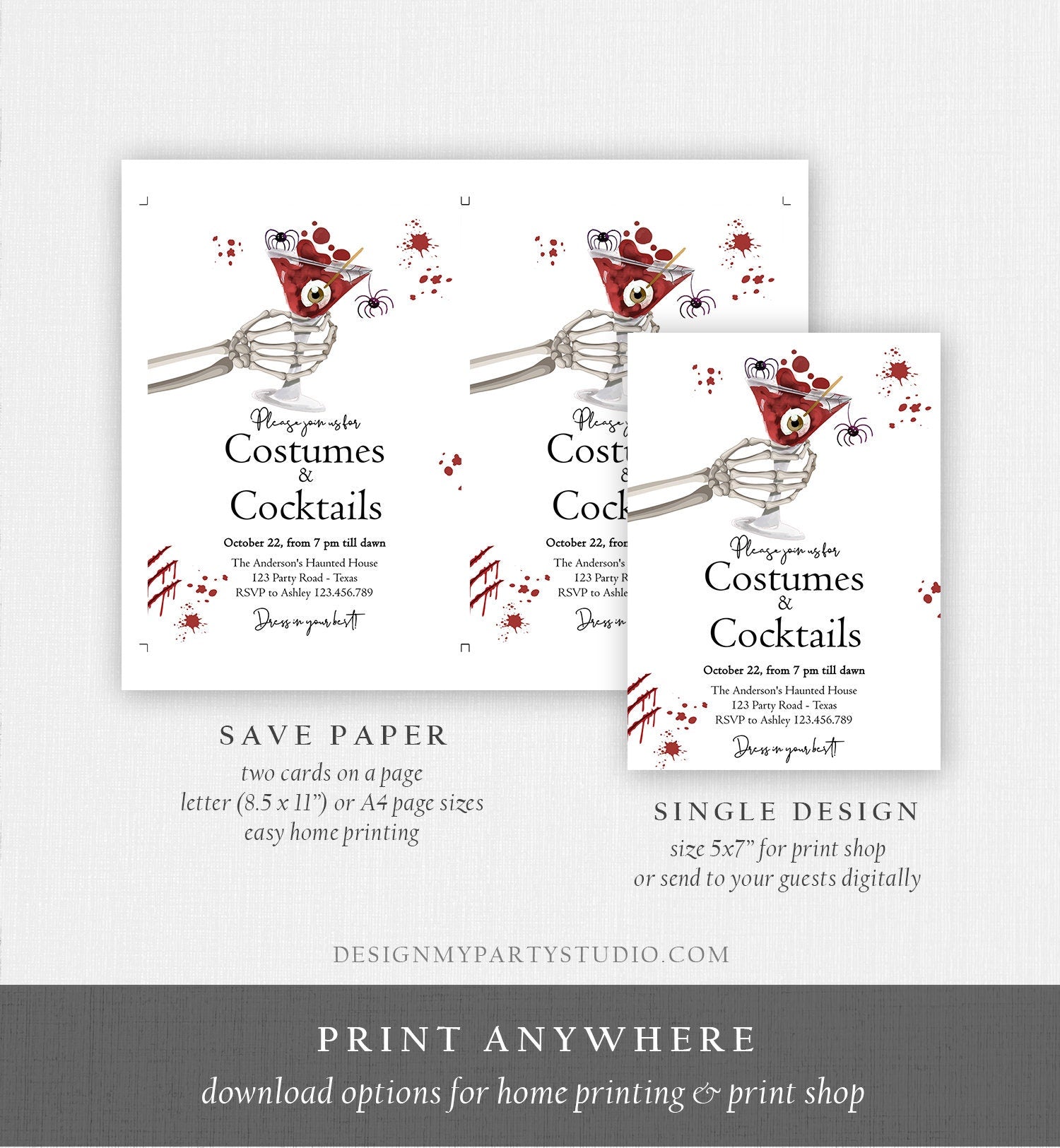 Editable Costumes And Cocktails Halloween Party Invitation Adult Party Boos & Booze Vintage Gothic Digital Template Printable 0472 0009