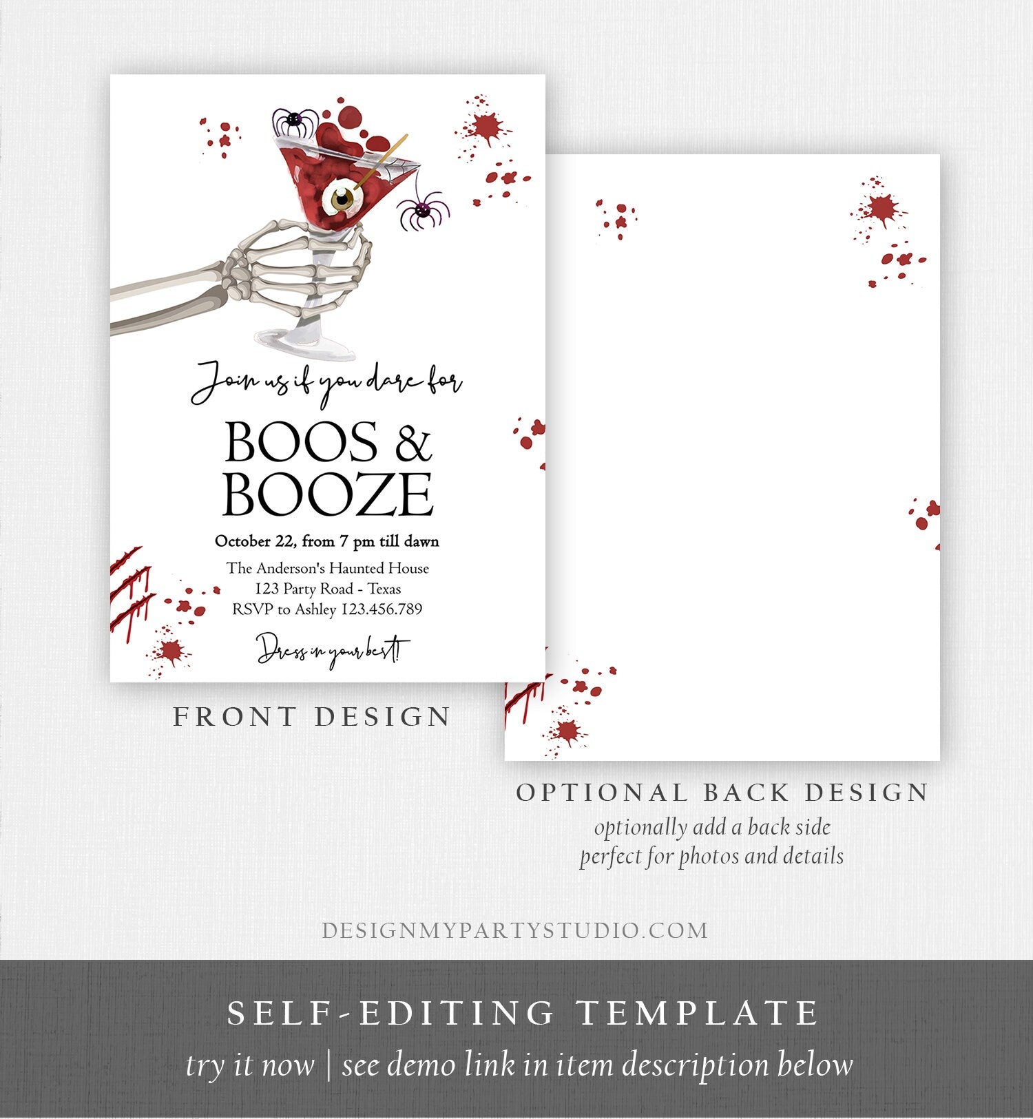 Editable Costumes And Cocktails Halloween Party Invitation Adult Halloween Party Boos & Booze Gothic Digital Download Printable 0472 0009