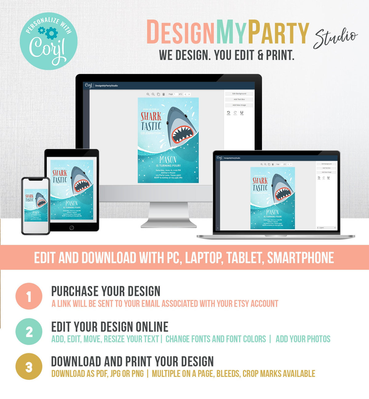 Editable Shark Birthday Invitation Shark Invitation Fintastic Shark Party SharkTastic Celebration Boy Download Printable Template Corjl 0089