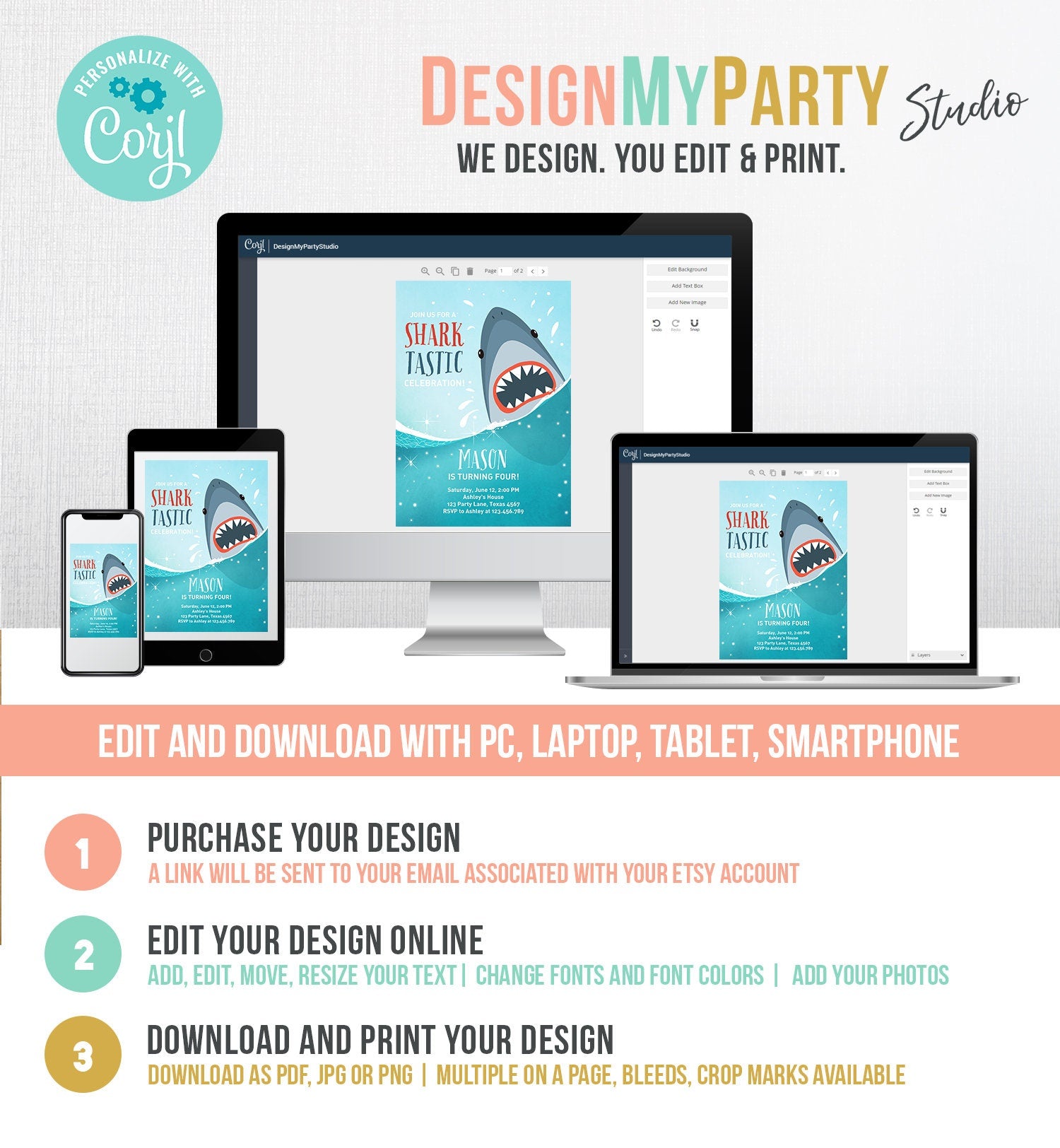 Editable Shark Birthday Invitation Shark Invitation Fintastic Shark Party SharkTastic Celebration Boy Download Printable Template Corjl 0089