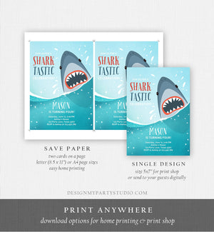 Editable Shark Birthday Invitation Shark Invitation Fintastic Shark Party SharkTastic Celebration Boy Download Printable Template Corjl 0089