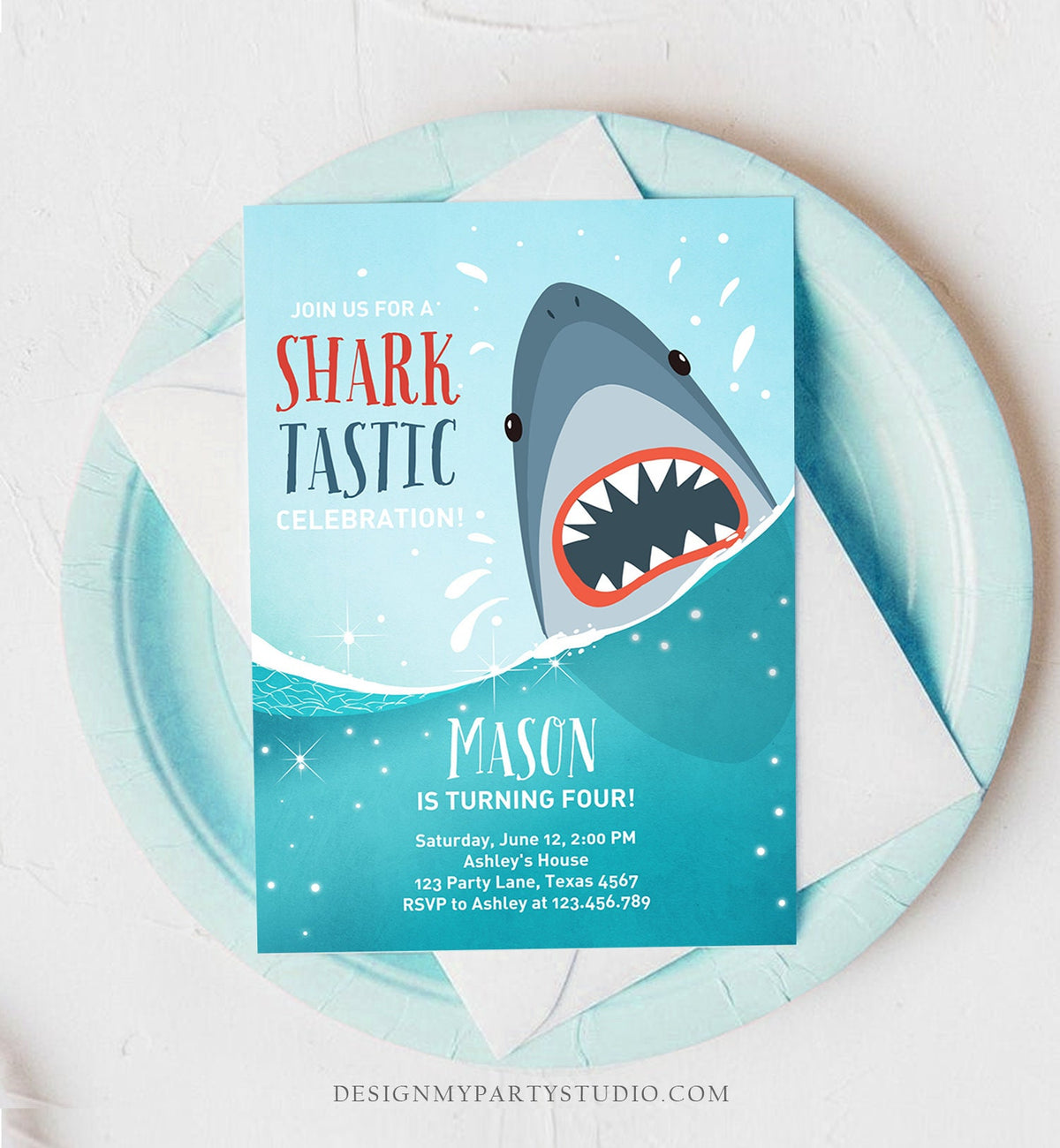 Editable Shark Birthday Invitation Shark Invitation Fintastic Shark Party SharkTastic Celebration Boy Download Printable Template Corjl 0089