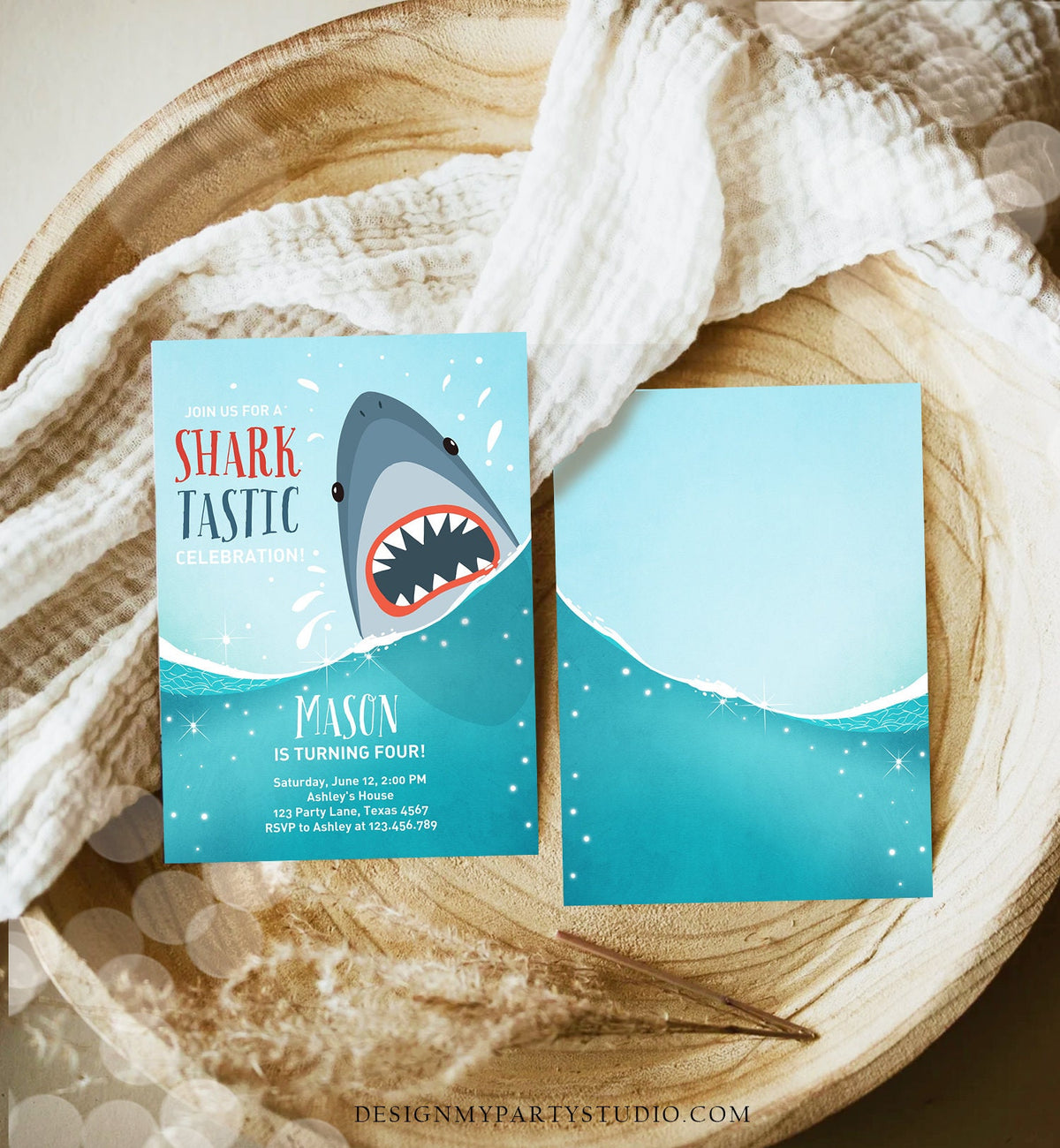 Editable Shark Birthday Invitation Shark Invitation Fintastic Shark Party SharkTastic Celebration Boy Download Printable Template Corjl 0089