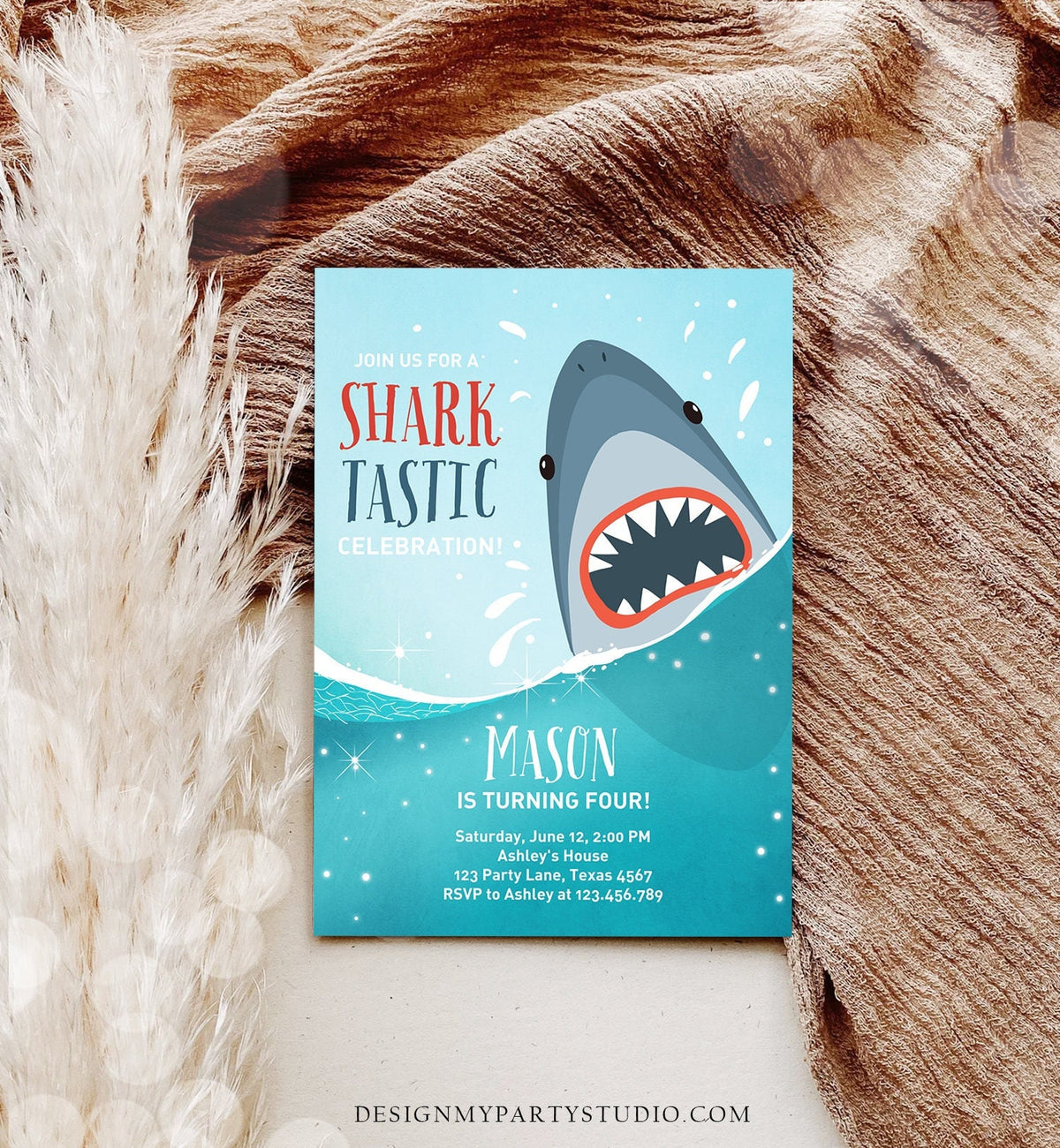 Editable Shark Birthday Invitation Shark Invitation Fintastic Shark Party SharkTastic Celebration Boy Download Printable Template Corjl 0089