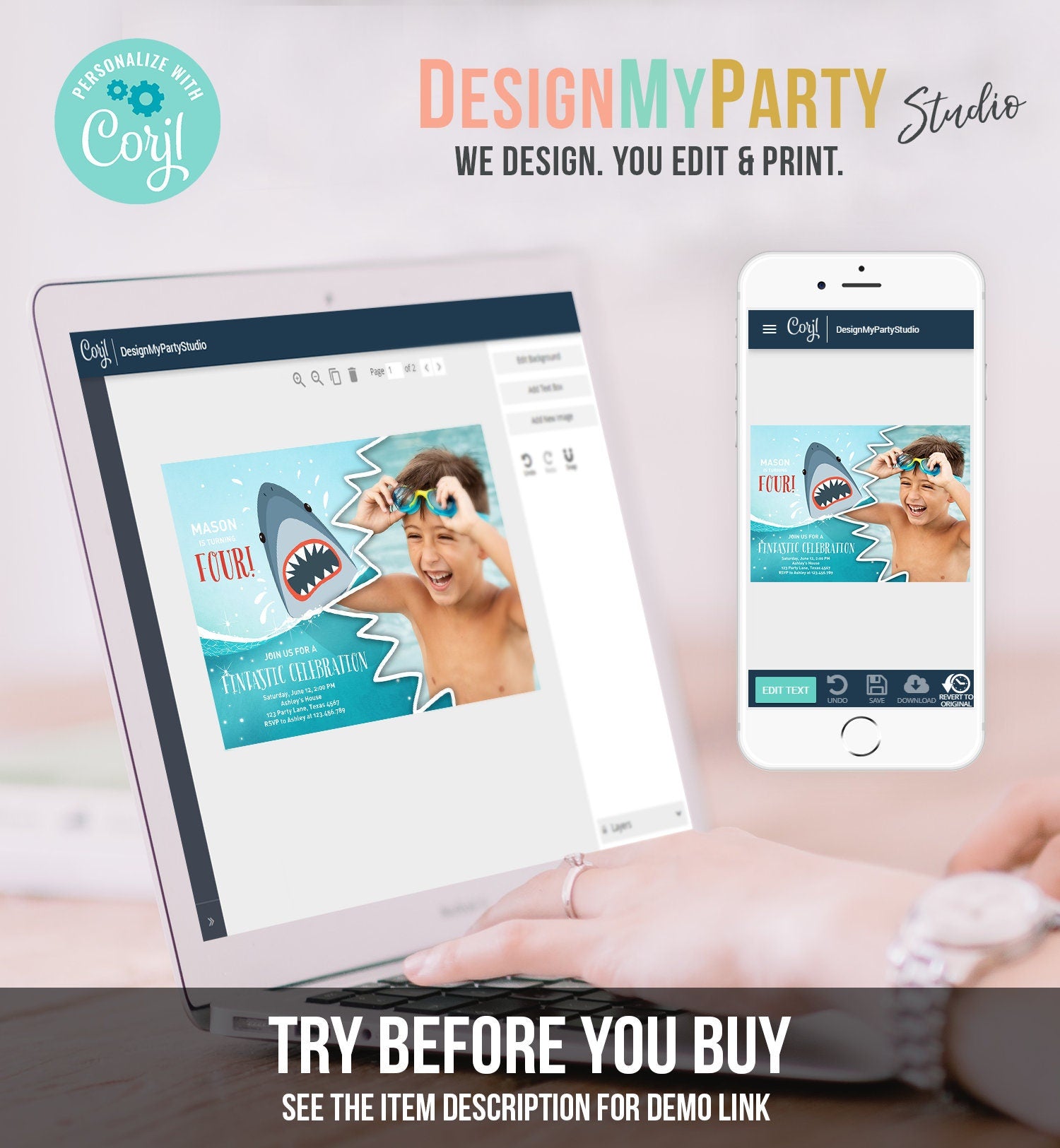 Editable Shark Birthday Invitation Shark Invitation Fintastic Shark Party Shark Under The Sea Boy Download Printable Template Corjl 0089