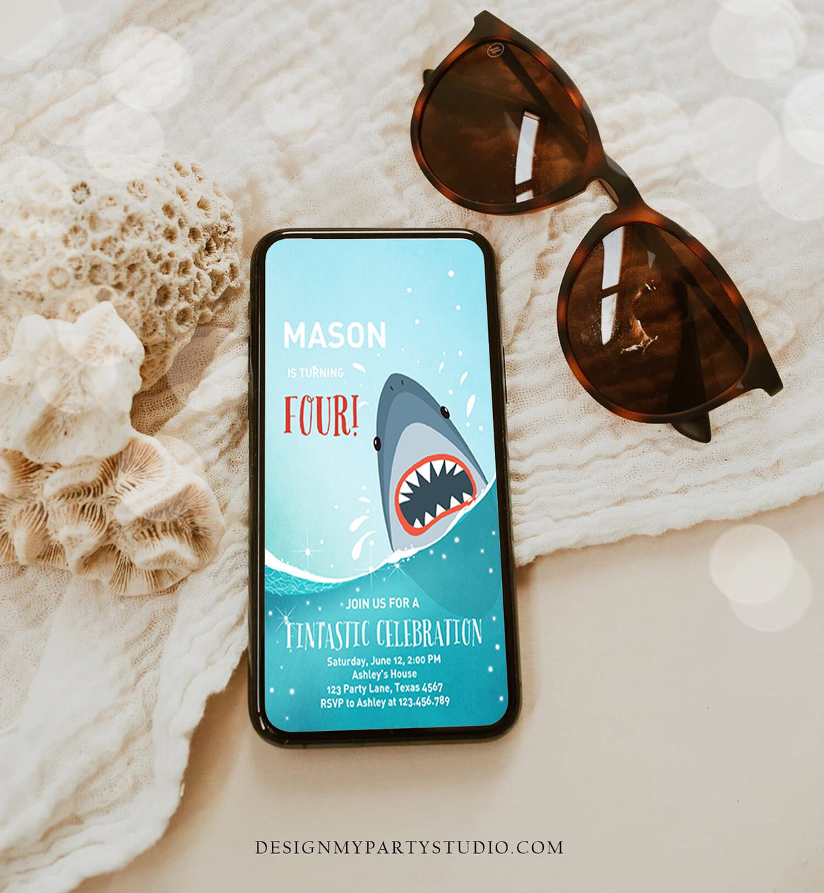 Editable Shark Birthday Evite Shark Invitation Fintastic Shark Party Shark Under The Sea Boy Download Phone Electronic Template Corjl 0089