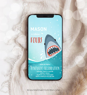 Editable Shark Birthday Evite Shark Invitation Fintastic Shark Party Shark Under The Sea Boy Download Phone Electronic Template Corjl 0089