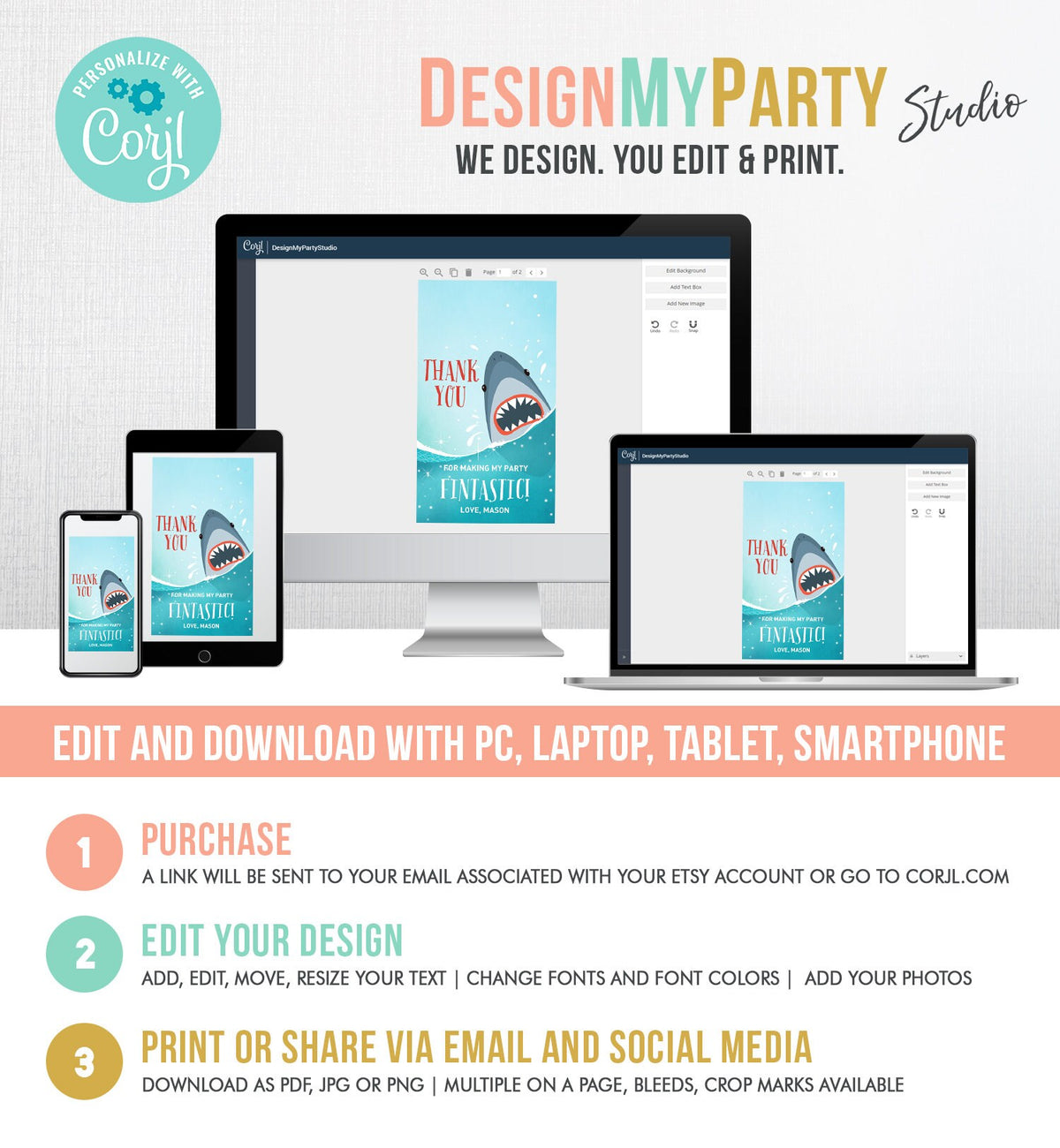 Editable Shark Birthday Favor Tags Shark Favors Thank You Tags Fintastic Shark Party under The Sea Jawsome Ocean Boy Corjl Template 0089