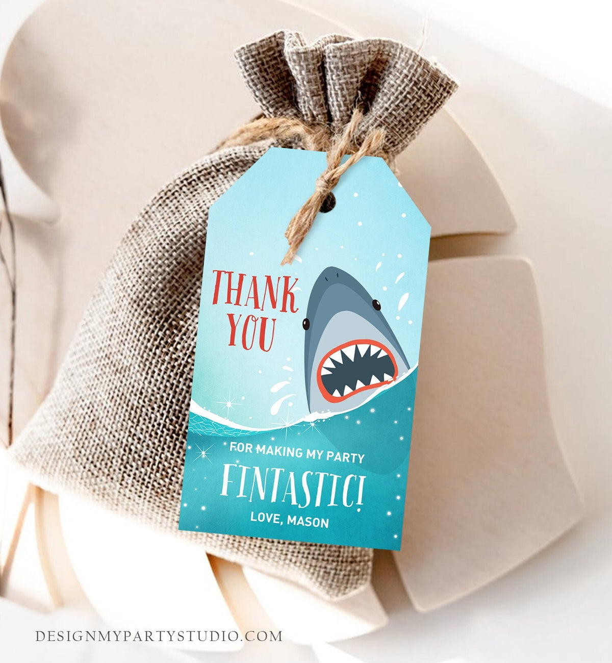 Editable Shark Birthday Favor Tags Shark Favors Thank You Tags Fintastic Shark Party under The Sea Jawsome Ocean Boy Corjl Template 0089
