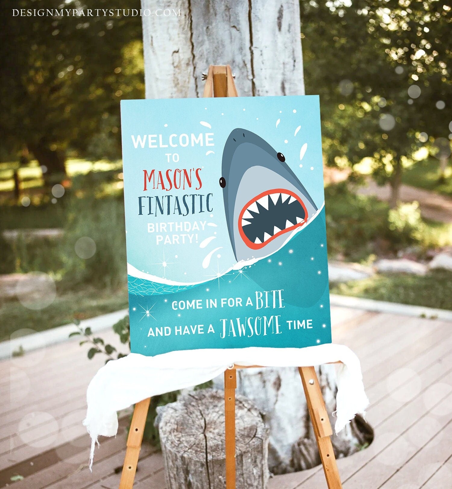 Editable Shark Welcome Sign Shark Birthday Sign Under The Sea Sharktastic Fintastic Jawsome Pool Party Boy Template Corjl PRINTABLE 0089