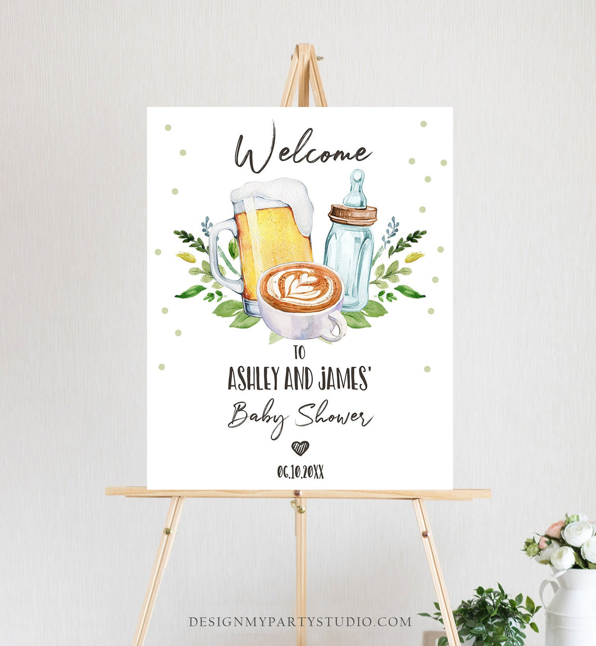 Editable A Baby is Brewing Welcome Sign Brewing Baby Shower Bottle and Beers Coed Couples Cappuccino Coffee Neutral Template Printable 0190