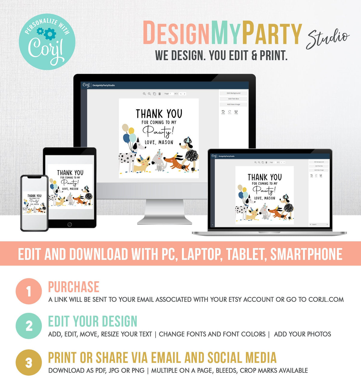 Editable Dog Favor Tag Puppy Dog Birthday Thank You Tag Boy Blue Puppies Pup Pet Animal Dog Stickers Digital Template Printable 0429